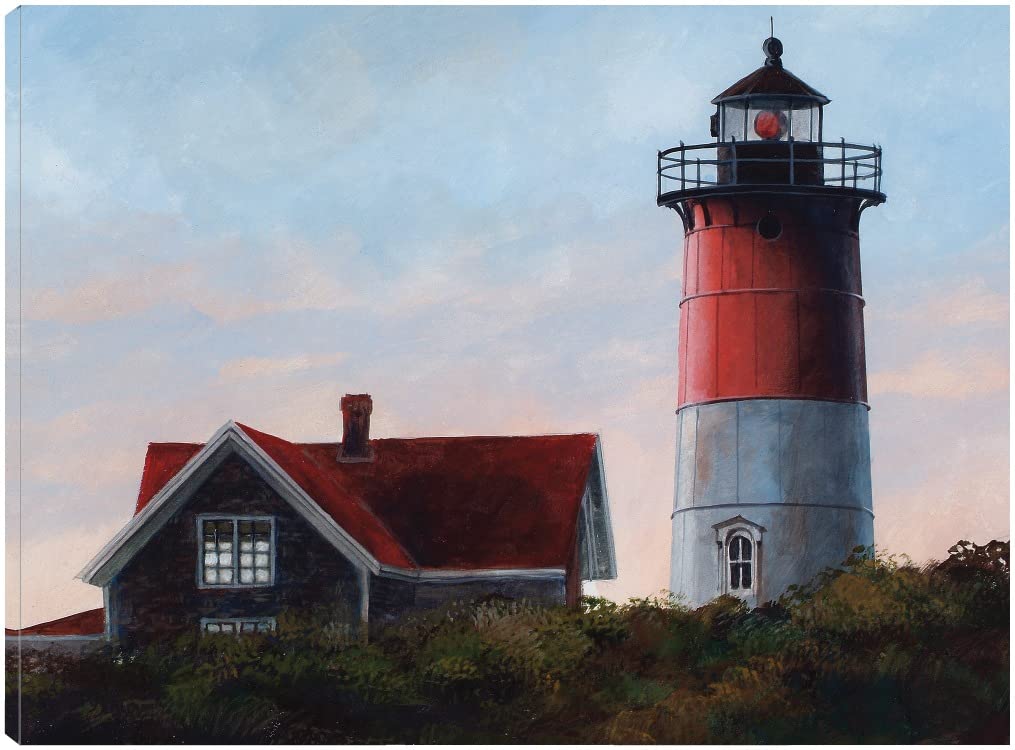 Nauset Light at Cape Cod Fine Art Canvas Print by Roger Bansemer - 43x32 Inch Ready to Hang Wall Decor for Living Room, Bedroom, Office & More - Coastal Lighthouse Painting for Home & Commercial Spaces