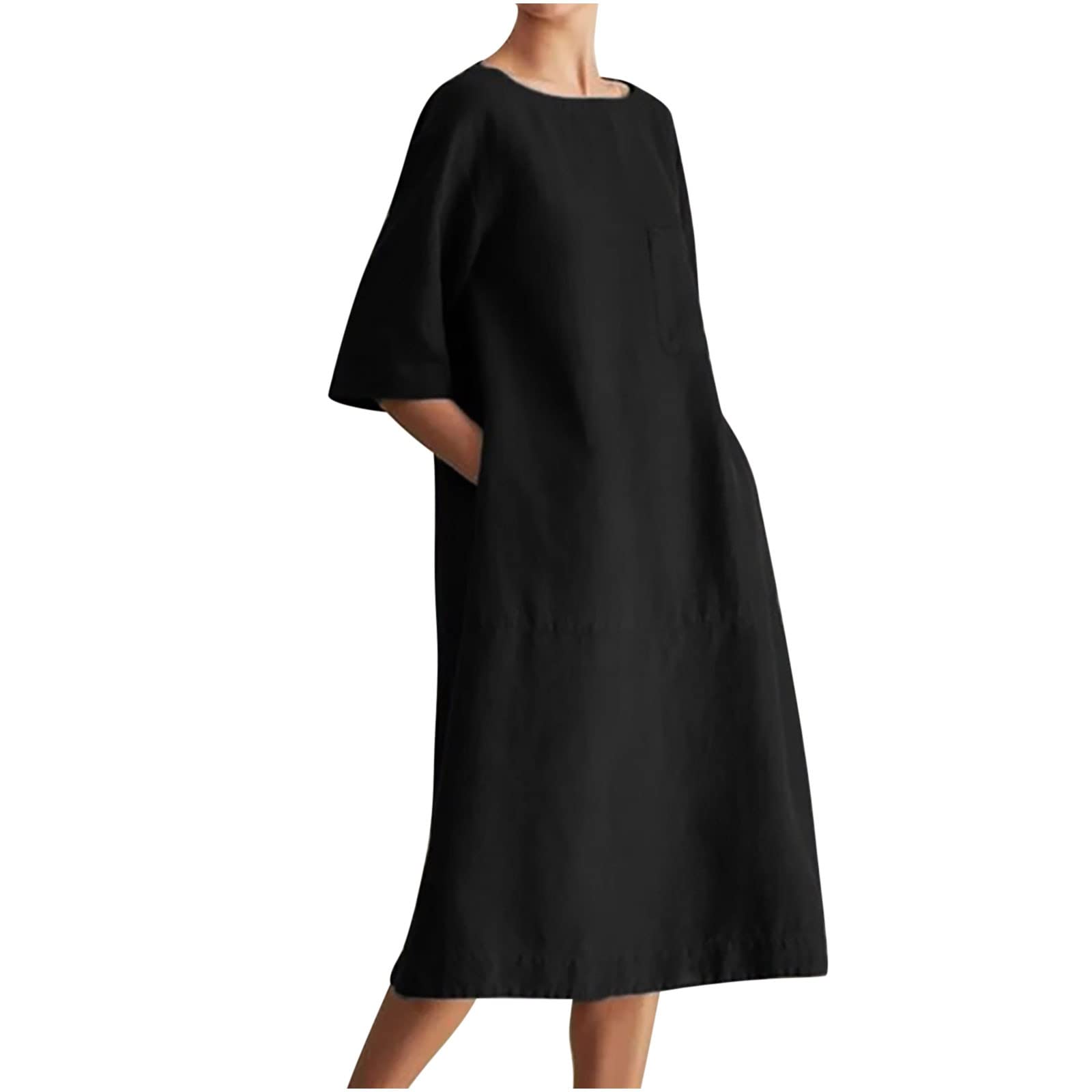 Blczomt Women's Summer Dress - Solid Crew Neck Short Sleeve T-Shirt Dress, Cotton-Linen Blend Loose Shift Casual Midi Dress for Beach, Vacation & Everyday Wear