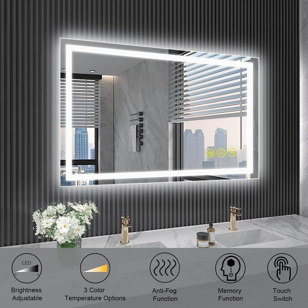 GlareGuard Rectangular Anti-Fog Dimmable LED Bathroom Mirror with Backlit - Perfect for Makeup, Shaving & Skincare Routine