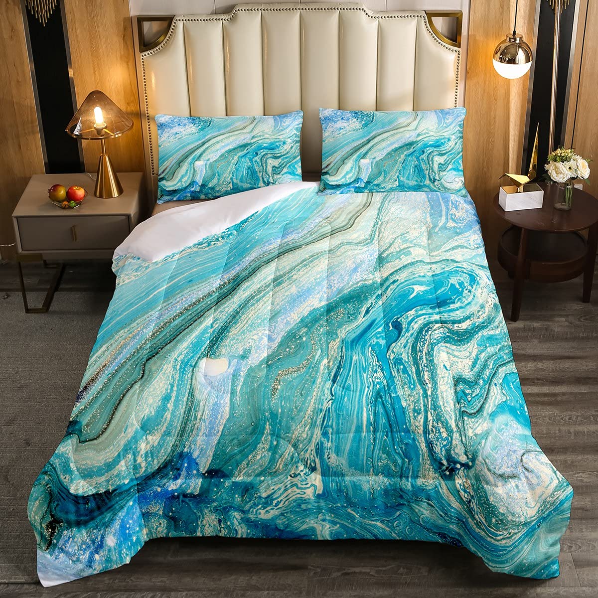 Glitter Marble Comforter Set for Kids - Turquoise Abstract Art Duvet Cover & Quilt Set, Full Size Bedding for Boys & Girls | Perfect for Kids' Room Decor & Cozy Bedtime