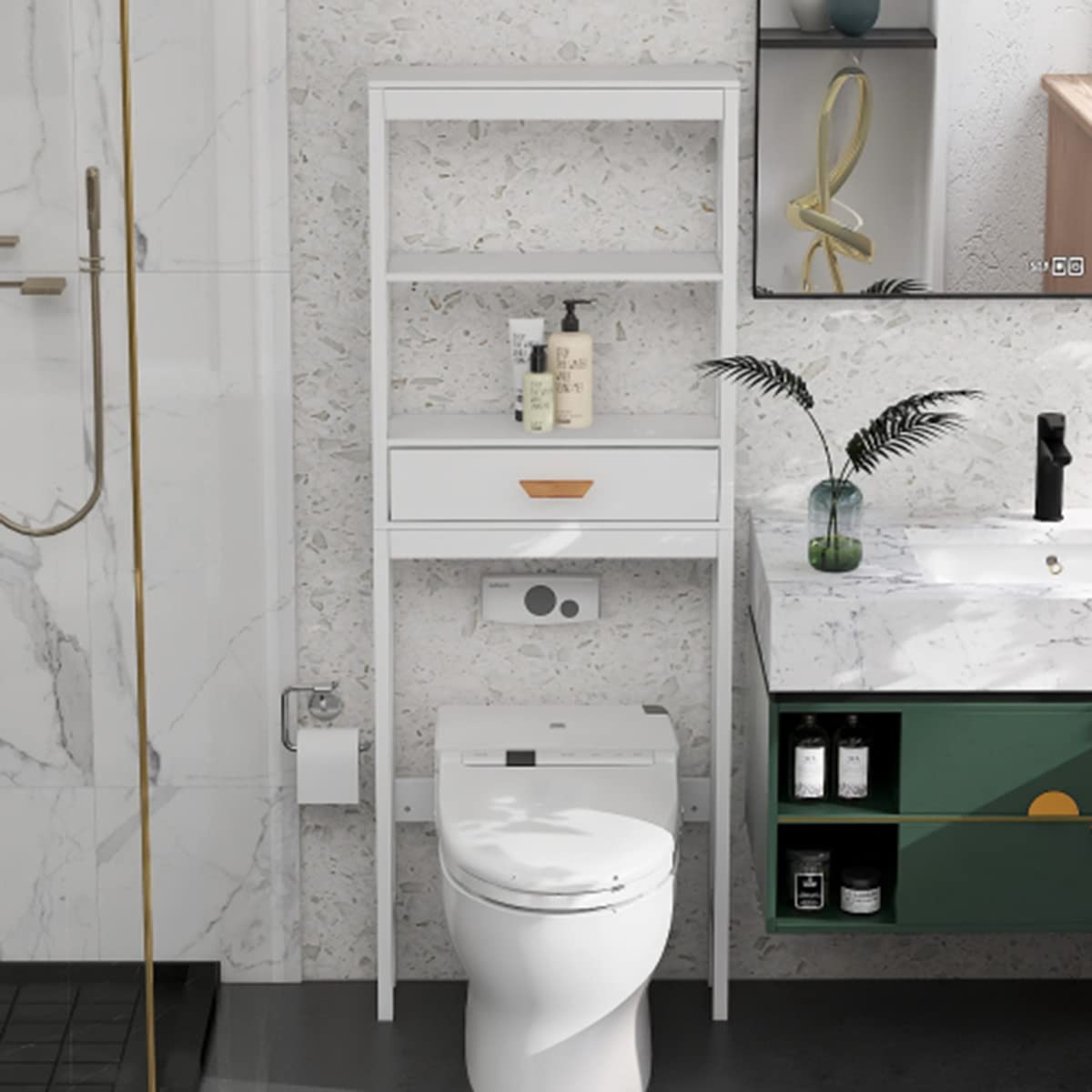 Over-The-Toilet Bathroom Storage Cabinet - Freestanding Organizer with Drawer & 2 Shelves, Space Saving Bathroom Rack (65