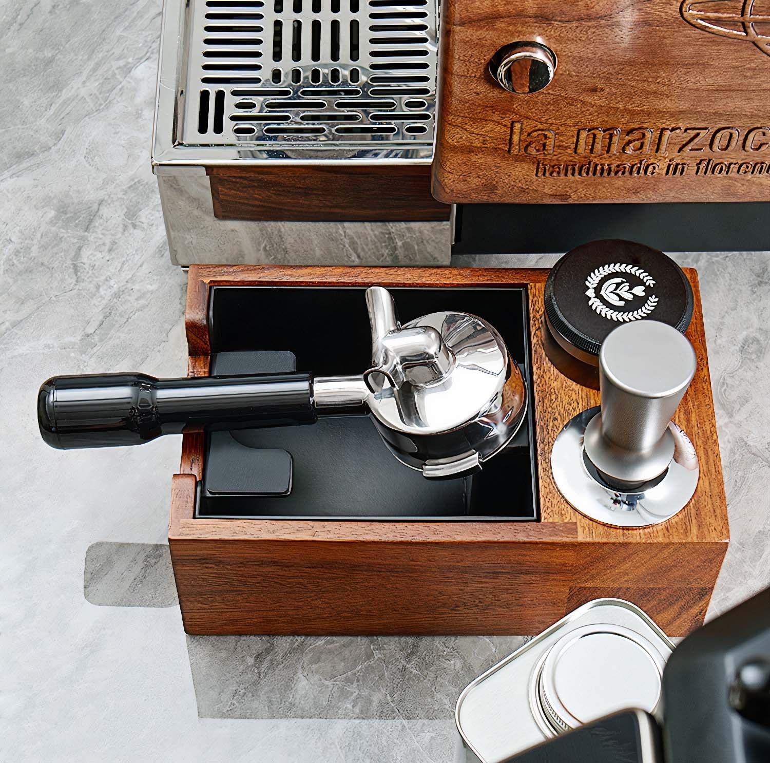 Premium Wooden Coffee Tamper Station with Built-in Knock Box - Barista-Grade Espresso Accessory for Home & Professional Use - Perfect for Coffee Shops, Kitchens & Gifts