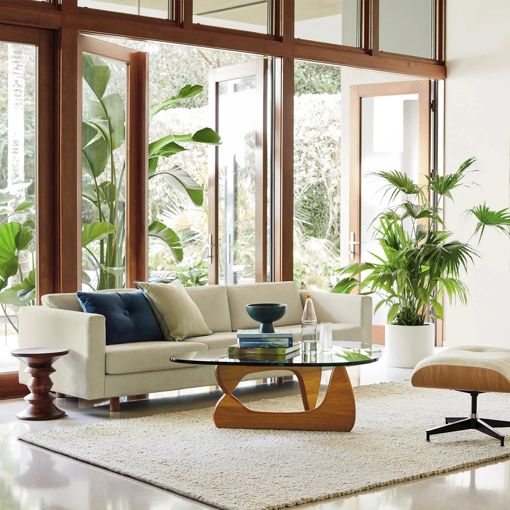 Modern Triangle Glass Coffee Table with Wooden Base - Mid-Century Abstract Design for Living Room, Study, Office, Hotel & Balcony - Walnut & Transparent Finish (50