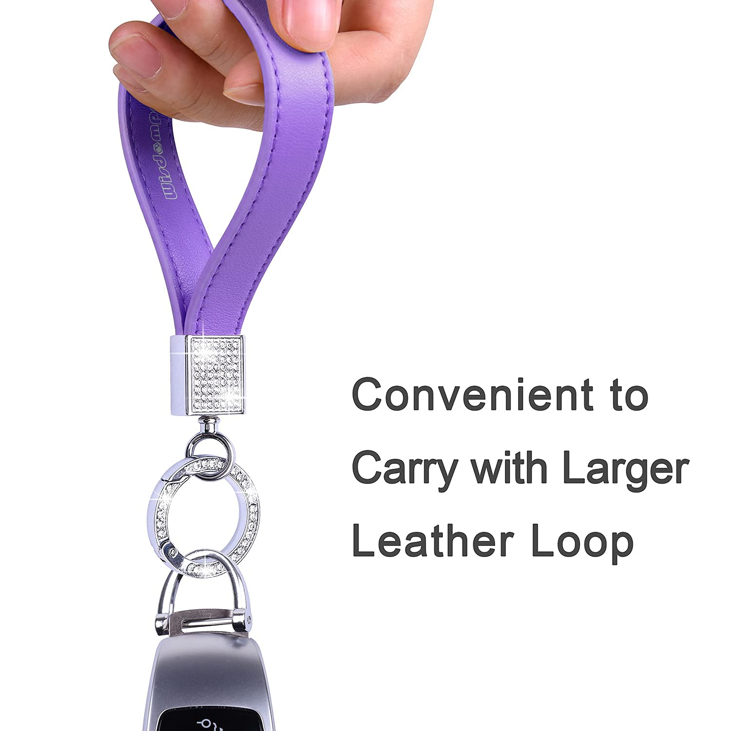 Wisdompro Bling Leather Car Keychain for Women - Genuine Leather Key FOB with Anti-Lost D-Ring & 2 Keyrings - Universal Key Holder for Car Keys (Purple) - Perfect Gift for Her, Birthday, Anniversary & Everyday Use