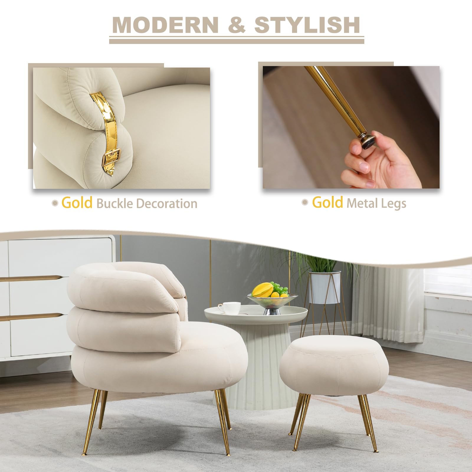 Luxury Velvet Accent Chair with Ottoman - Modern Barrel Chair with Gold Buckle & Wooden Legs, Round Sofa Chair for Living Room, Bedroom, Office | Plush Comfort with Footrest for Small Spaces (Velvet Beige) - Perfect for Reading Nook, Lounge Area & Home Decor