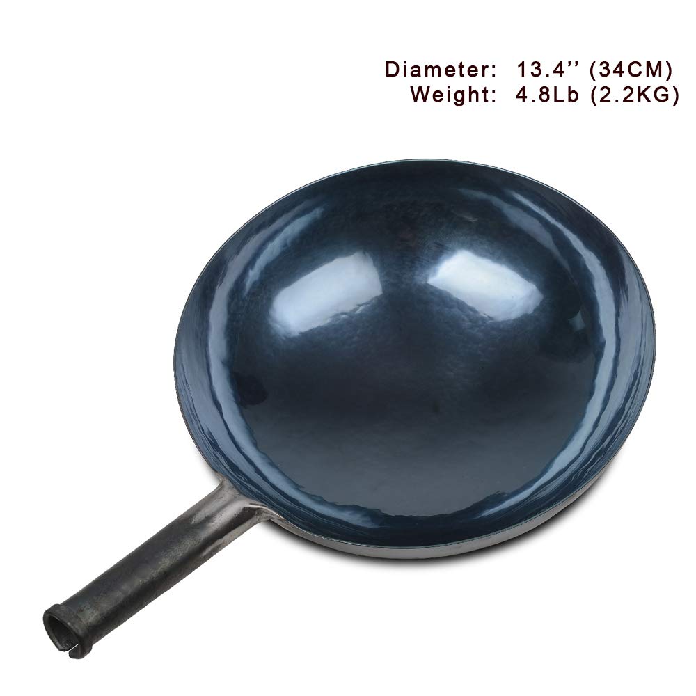 ZhenSanHuan Authentic Chinese Hand-Forged Carbon Steel Wok - 34cm Seasoned Iron Stir Fry Pan | Non-Stick, No Chemical Coating, Healthy Cooking with Less Oil | Perfect for Asian Stir-Frying, Sautéing & Deep Frying at Home