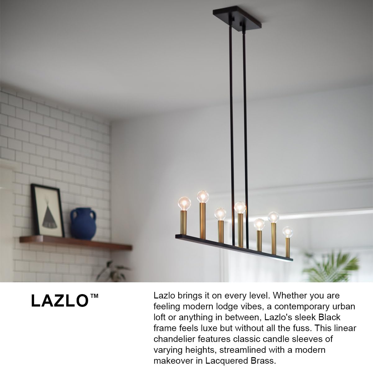 Lark Lazlo 83156BK 7-Light Dimmable Linear Chandelier with Candle-Style Sockets in Black & Lacquered Brass - Perfect for Dining Room, Kitchen Island, or Entryway Lighting