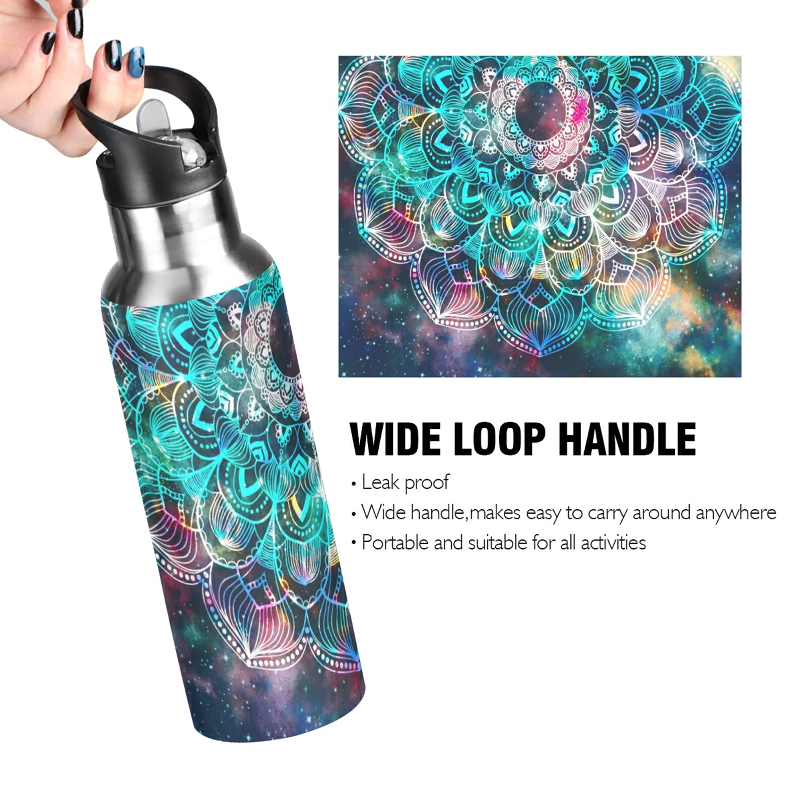 AUUXVA Mandala Galaxy Nebula Stainless Steel Water Bottle with Straw Lid - 20oz Vacuum Insulated Thermo Flask for Hot & Cold Drinks - Perfect for Gym, School, Hiking & Outdoor Activities - Ethnic Floral Design