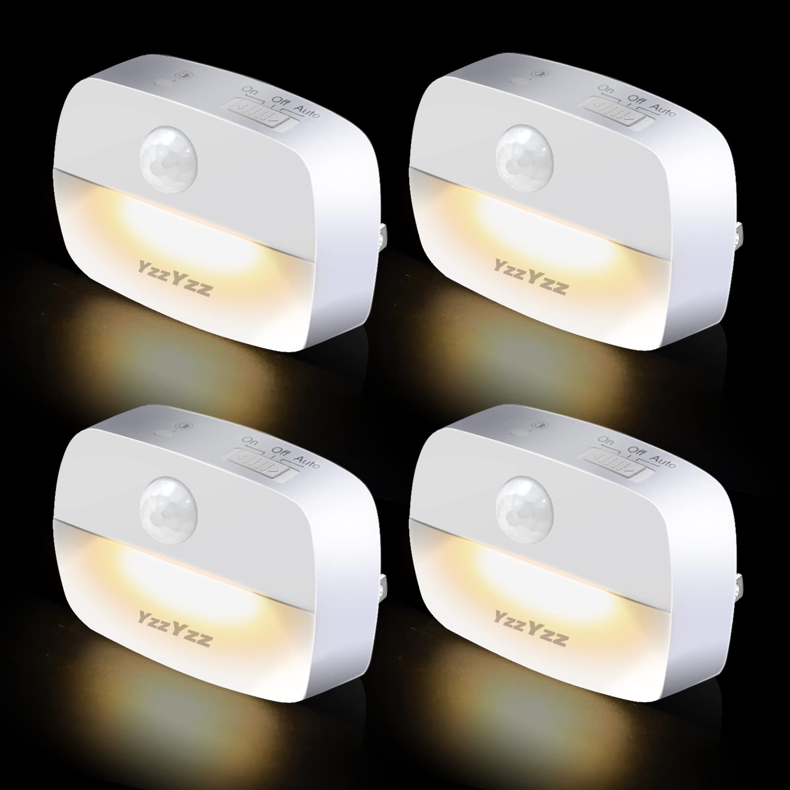 YzzYzz Motion Sensor Night Light Plug in - 4 Pack Adjustable Brightness LED Night Lights, Warm White Energy Efficient for Bedroom, Bathroom, Kitchen, Hallway & Stairs - Perfect for Safe Nighttime Navigation and Kids' Rooms