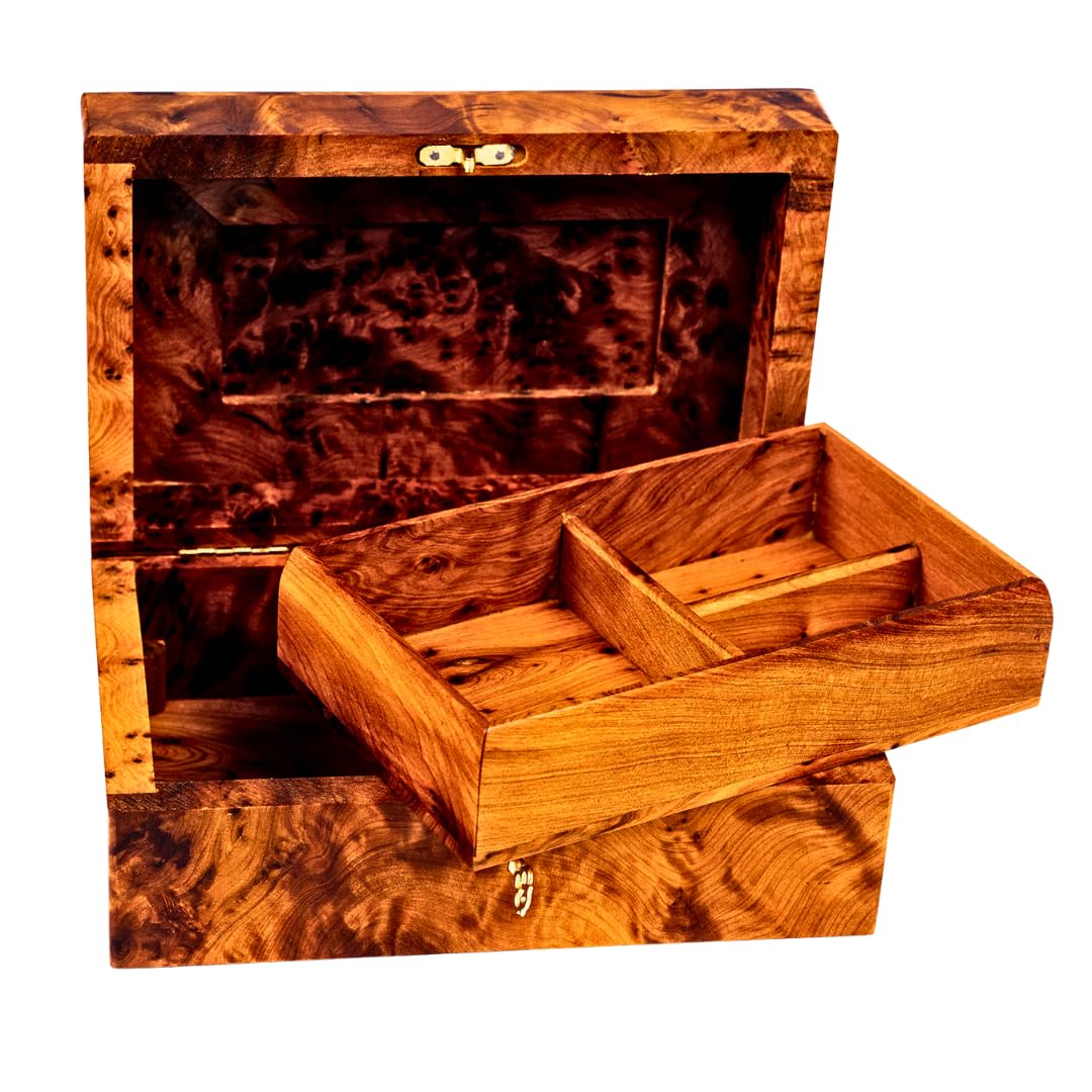 **Hand Carved Wooden Jewelry Box with Lock - Antique Multipurpose Storage Organizer for Keepsakes, Rings & Necklaces - Large Decorative Art Box for Home, Vanity & Gift Giving**
