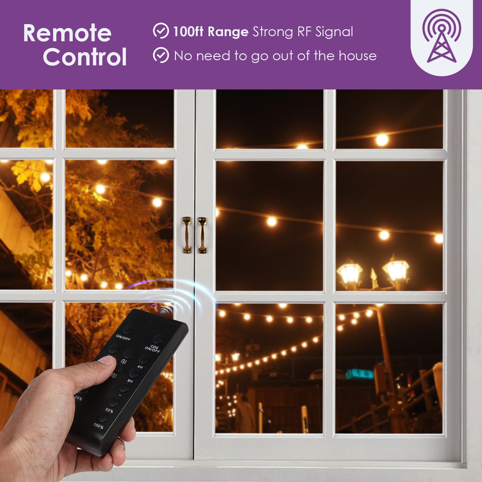 2 in 1 Outdoor Timer Outlet - Waterproof & Dimmable for String Lights, 100FT Remote Control, Dusk to Dawn Light Timer (TE-HT02) - Perfect for Patio, Garden, and Holiday Decorations