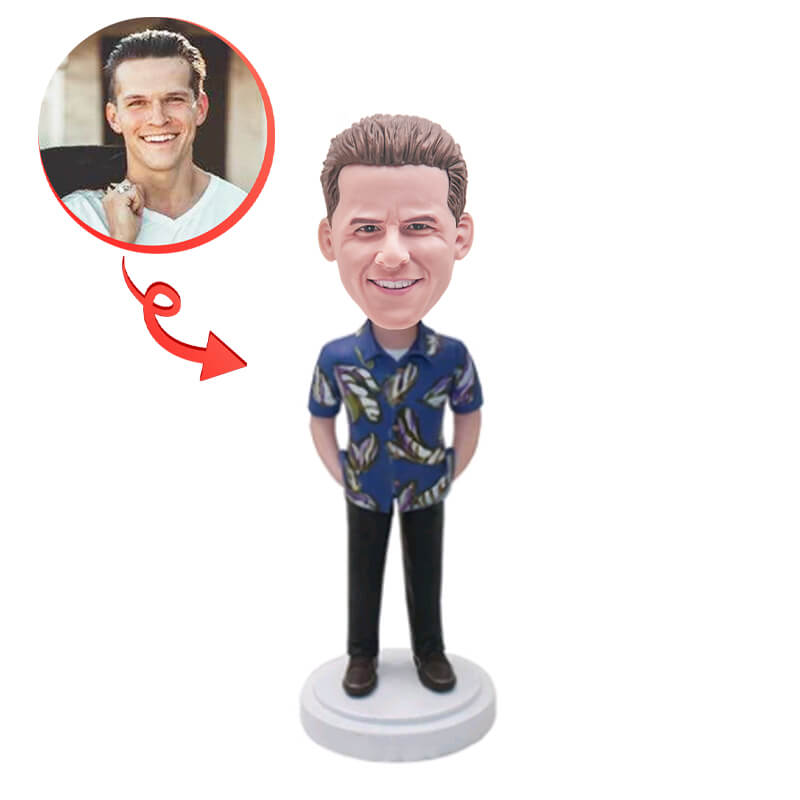 Custom Bobblehead of Handsome Guy Wearing Flower T-Shirt - Personalized Figurine Gift for Birthday, Anniversary & Home Decor