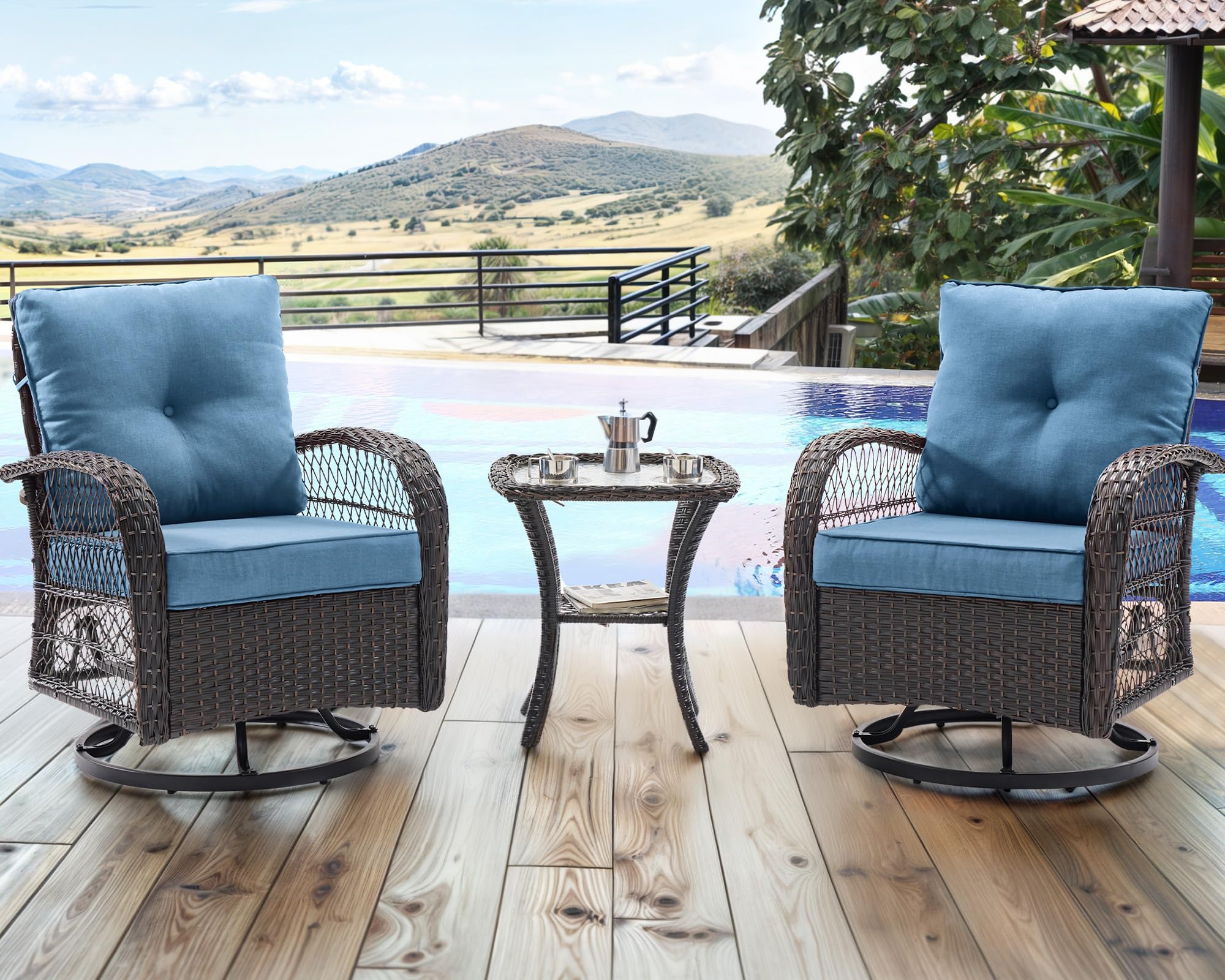 UDPATIO 3-Piece Outdoor Patio Furniture Set - 2 Swivel Rocking Chairs with Thick Cushions & Glass Coffee Table - All-Weather Wicker Glider Seating for Porch, Deck, Backyard, Garden (Blue) - Perfect for Relaxing, Entertaining Guests, and Enjoying Sunny Days