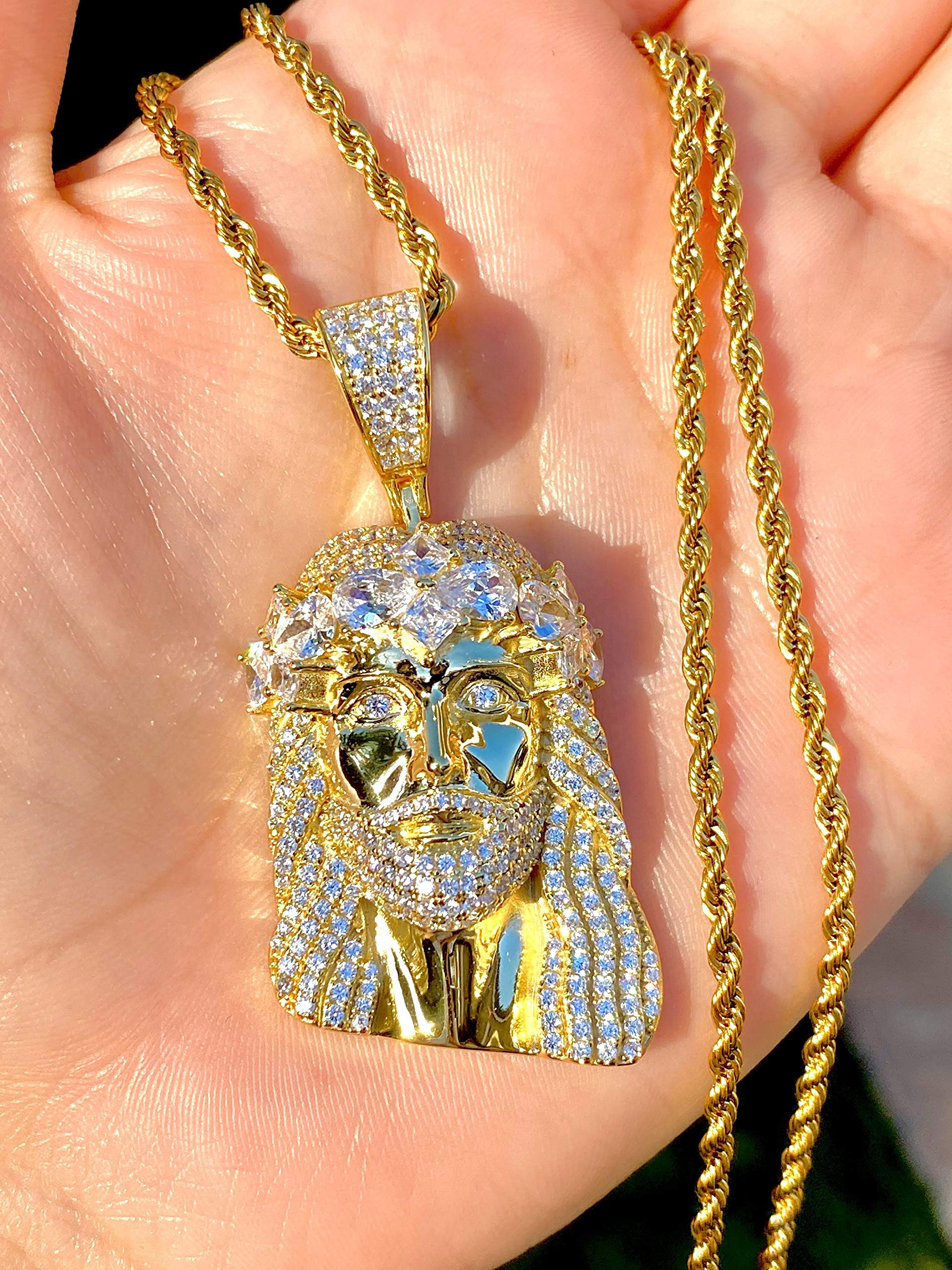 Custom Face of Christ Pendant - 925 Sterling Silver with Gold Finish & Iced Detail - Stainless Steel 3mm Rope Chain (16