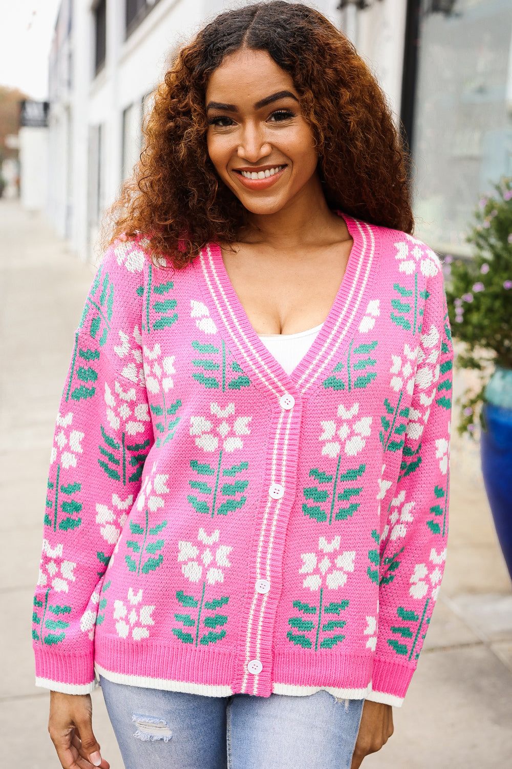 All For Love Fuchsia Flower Print Button Down Knit Cardigan for Women - Soft Casual Long Sleeve Open Front Sweater for Spring, Fall & Winter (Office, Date Night, Weekend Outfits)