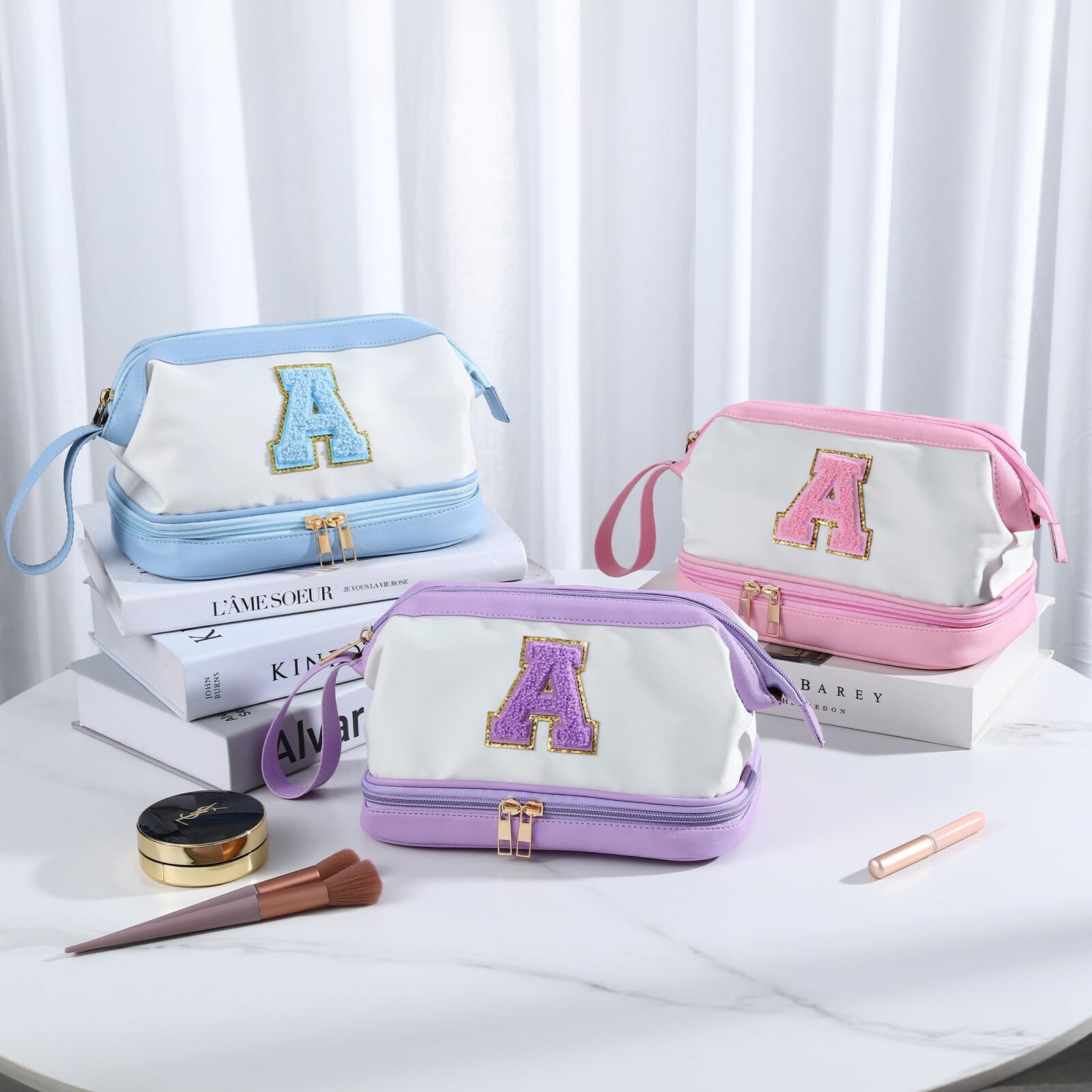 YOOLIFE Large Capacity Leather Makeup Bag - Personalized Initial Travel Cosmetic Organizer for Women | Perfect for Teens, Bridal Showers, Birthday Gifts & Mom Presents | Great for Travel, Daily Use & Cosmetic Storage (Purple)