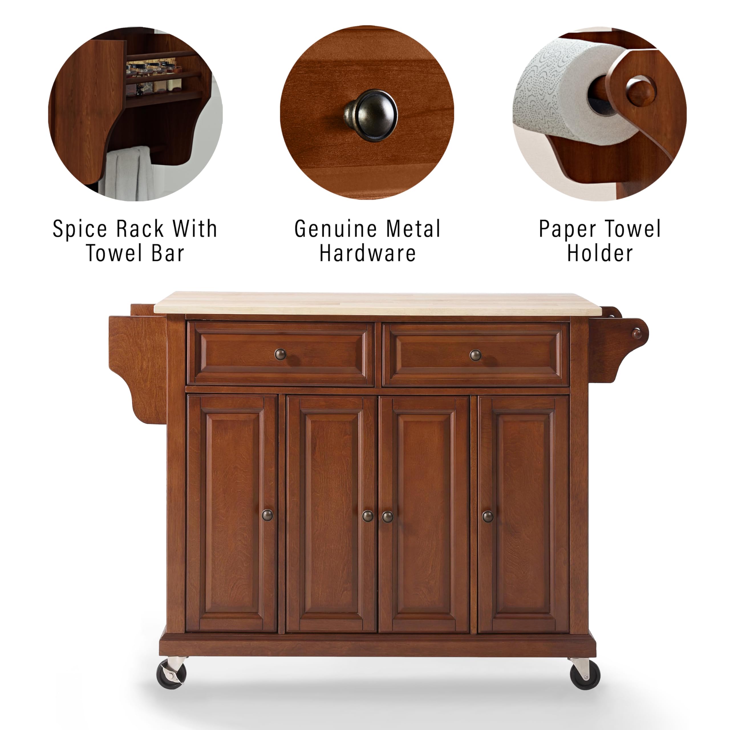 Crosley Full Size Wood Top Rolling Kitchen Island Cart with Storage - Microwave Stand, Spice Rack, Cherry Finish - Perfect for Small Kitchens, Pantry Organization & Extra Counter Space