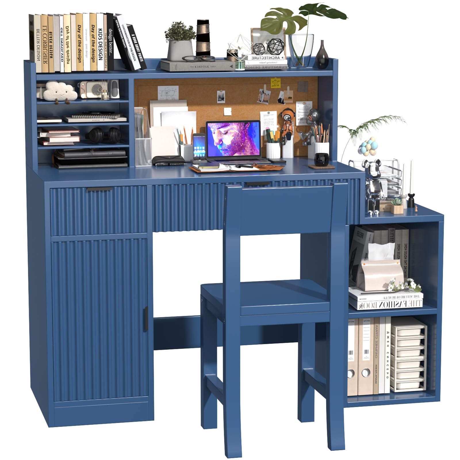 Blue Kids Computer Desk with Chair Set - Adjustable Study Desk for Children Ages 5-12, Includes Bulletin Board, Storage Drawers & Cabinets - Perfect for Homework, Online Learning & Bedroom Organization (Model B13)