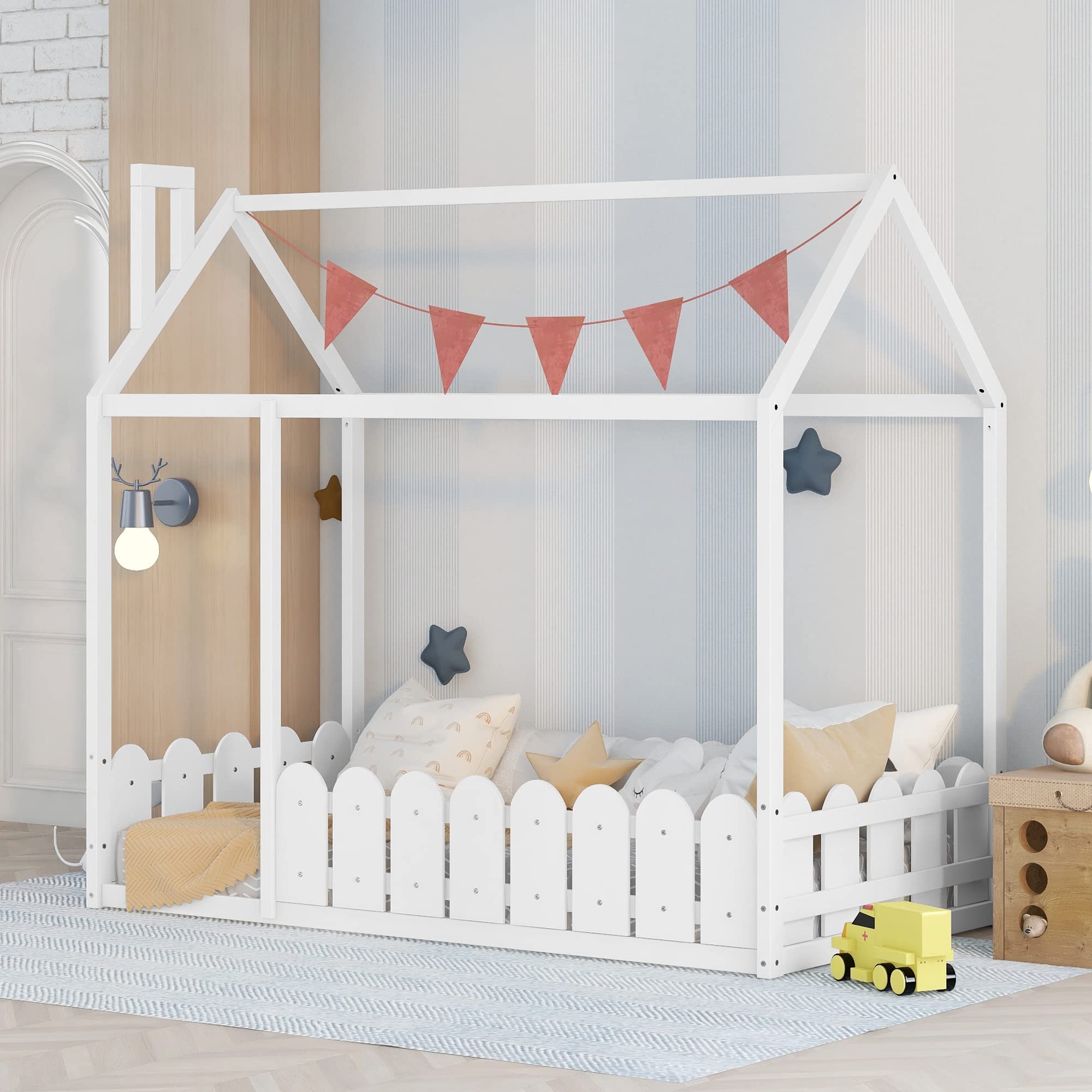 Harper & Bright Designs White Wood Twin Montessori Bed Frame with Fence-Shaped Guardrails for Kids - Safe Floor Bed for Toddlers, Girls & Boys - Perfect for Montessori Rooms, Daycare Centers & Kids' Bedrooms