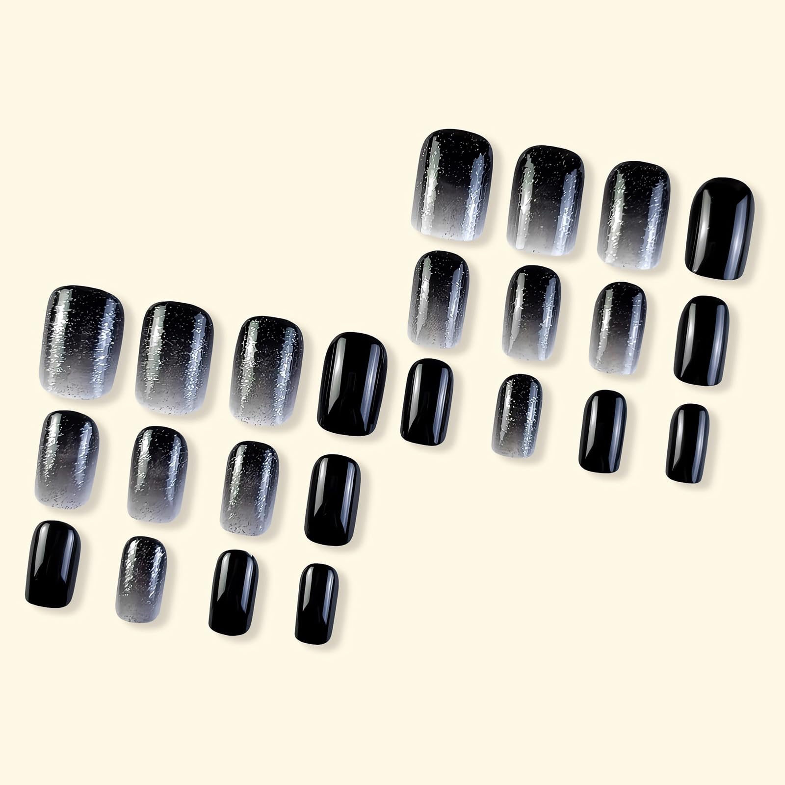 SINSEN Square Press on Nails - Medium Length Fake Nails with Gradient White Black Glossy Glitter Design, Reusable Artificial Static Nails for Women & Girls (24Pcs) - Perfect for Parties, Weddings, Date Nights and Special Occasions