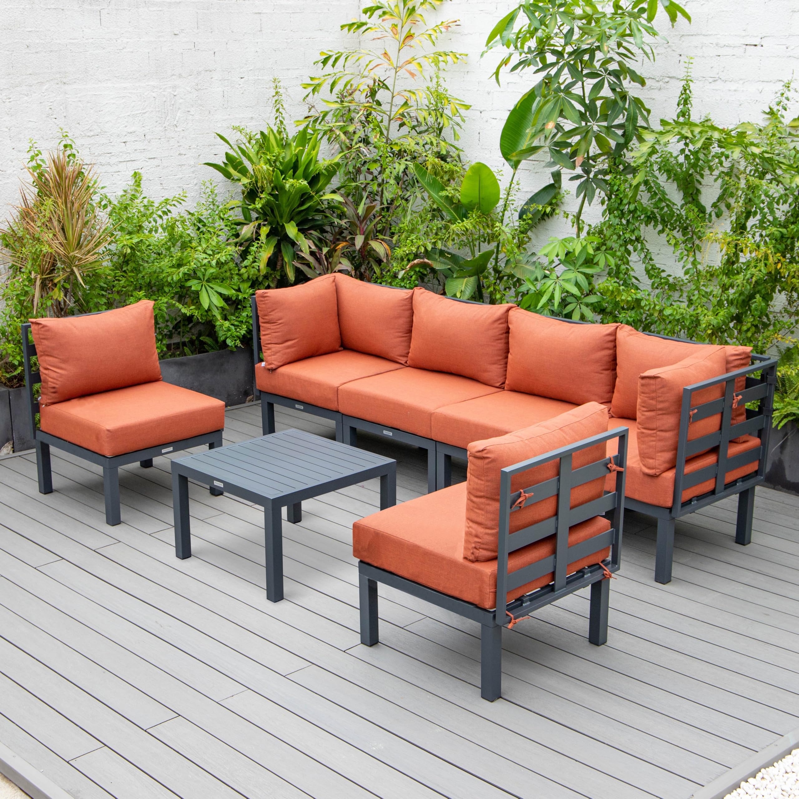 LeisureMod Chelsea 7-Piece Outdoor Patio Furniture Set - Aluminum Sectional Sofa with Weather-Resistant Cushions & Coffee Table - Orange - Perfect for Backyard, Garden, Poolside & Patio Relaxation