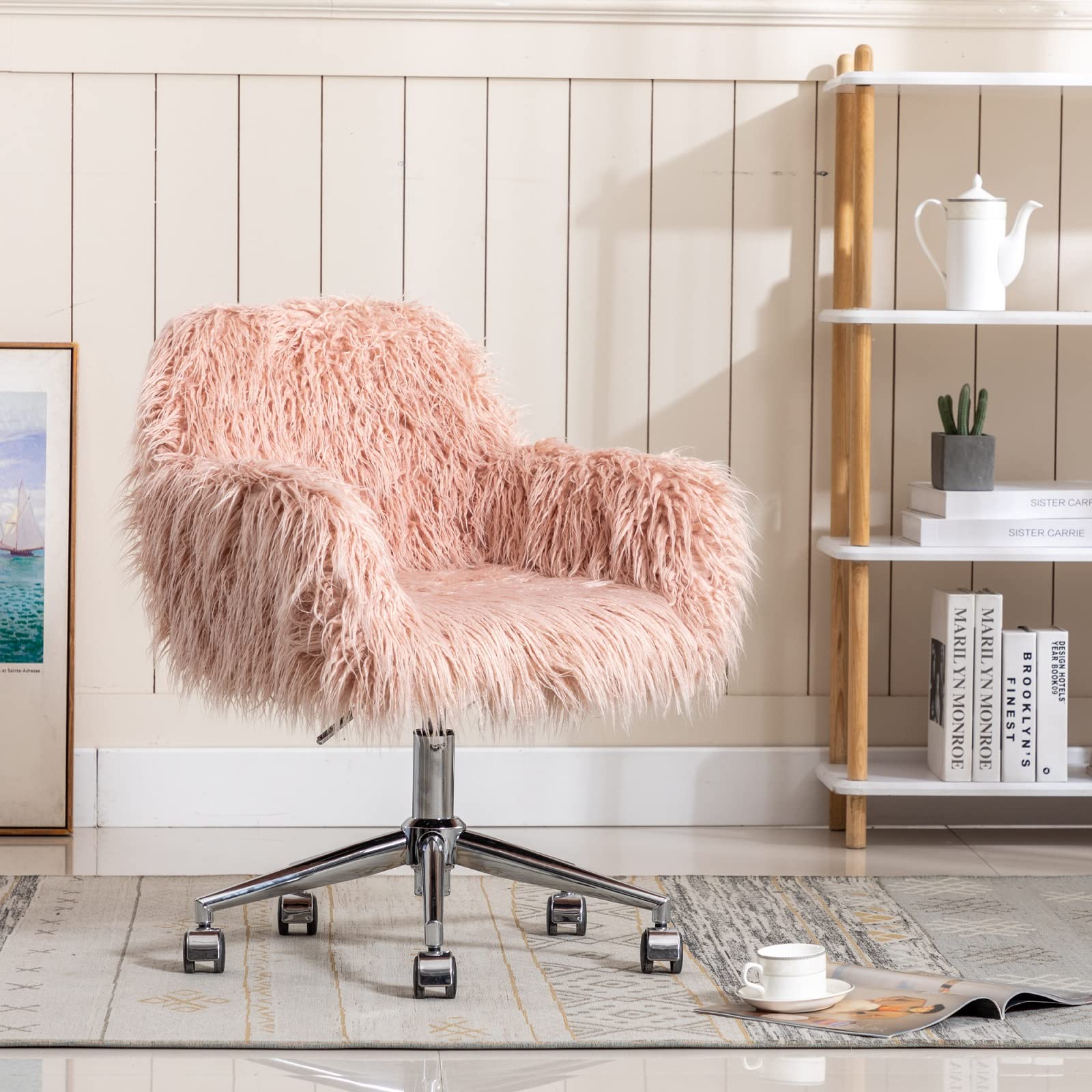 Modern Faux Fur Swivel Office Chair with Armrests - Adjustable Height Fluffy Vanity Chair for Women & Girls - Soft Pink Makeup Desk Chair for Bedroom, Home Office, and Dorm Room Decor