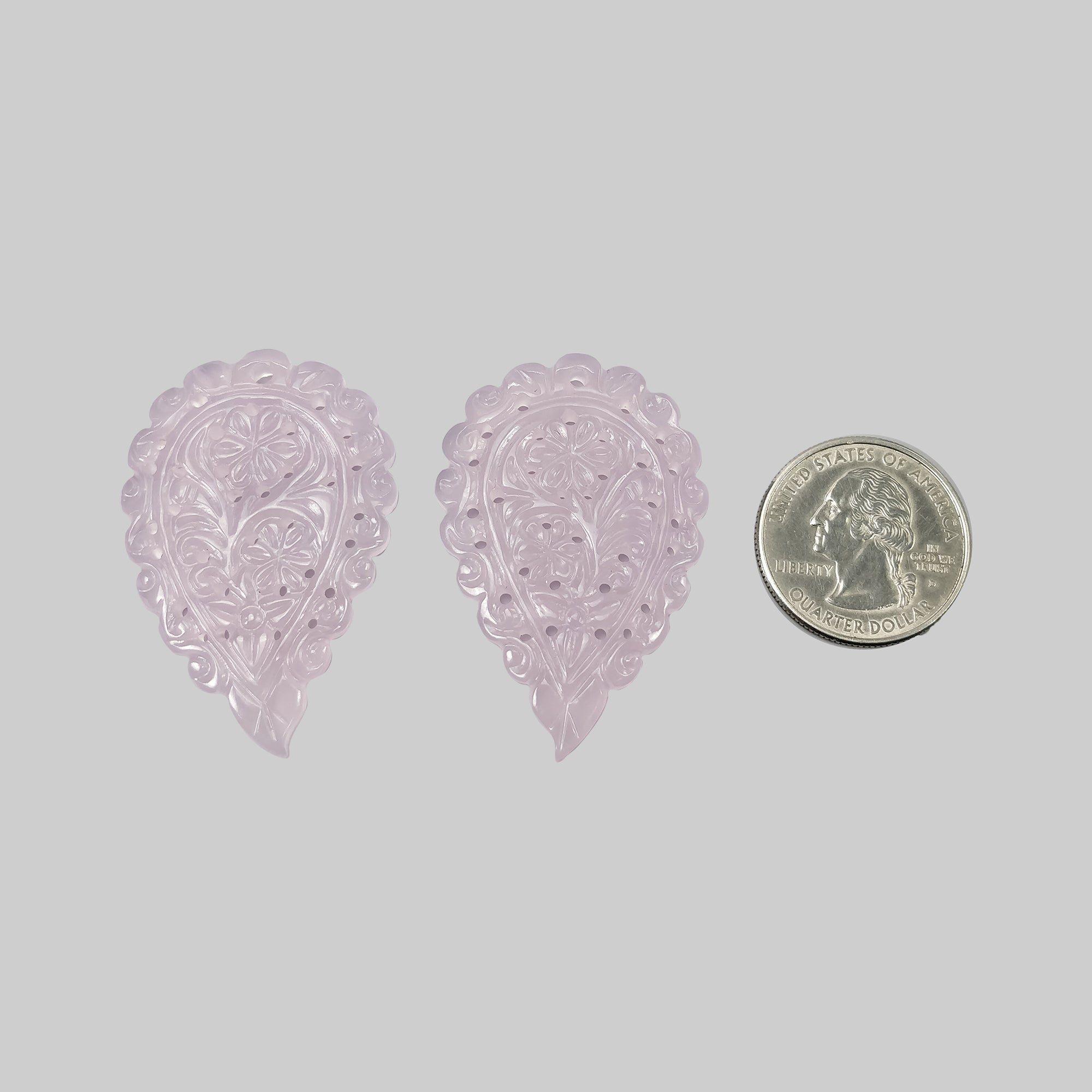 79.35ct Natural Pink Chalcedony Gemstone - Hand Carved Indian Leaf Design (46x30.5mm & 46.5x31mm) 2pc Set - Untreated Healing Stone for Jewelry Making, Meditation & Spiritual Gifts