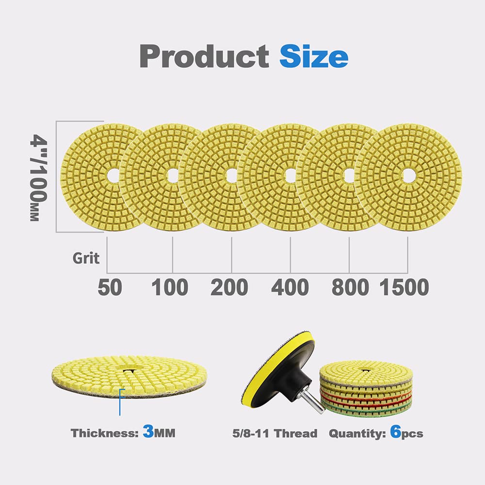 Wet Diamond Polishing Pads 6-Piece Set (4 Inch, #50-#1500 Grit) for Granite, Marble & Ceramic - Includes 1 Plastic Backing Pad & 1 Adapter (5/8-11 Thread) - Perfect for Stone Countertop Refinishing, Tile Restoration & DIY Home Improvement Projects