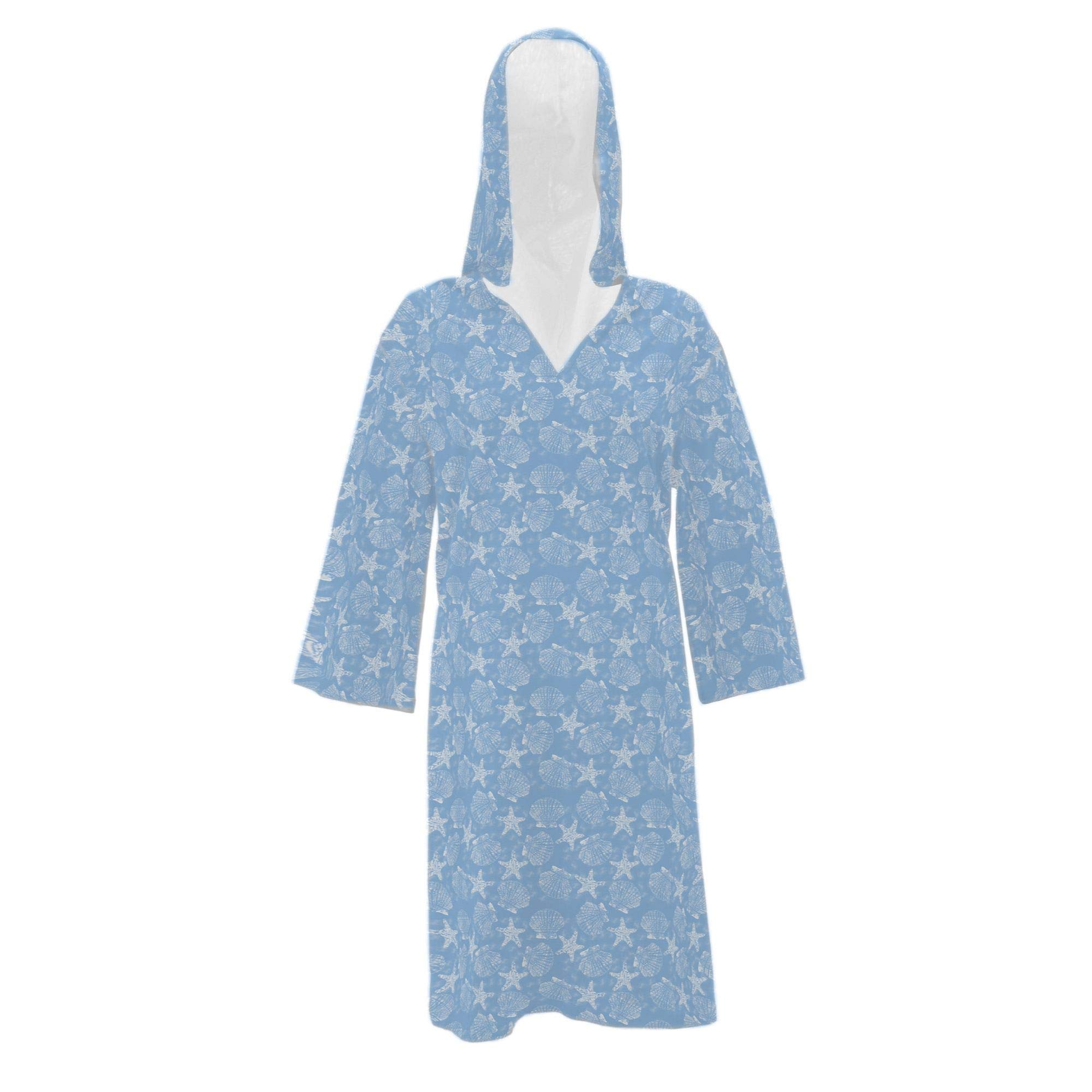 Blue and White Coastal Coral Shells Hooded Beach Cover Up for Women - Extra Large Size | Perfect for Beach Vacations, Poolside Lounging & Summer Outfits