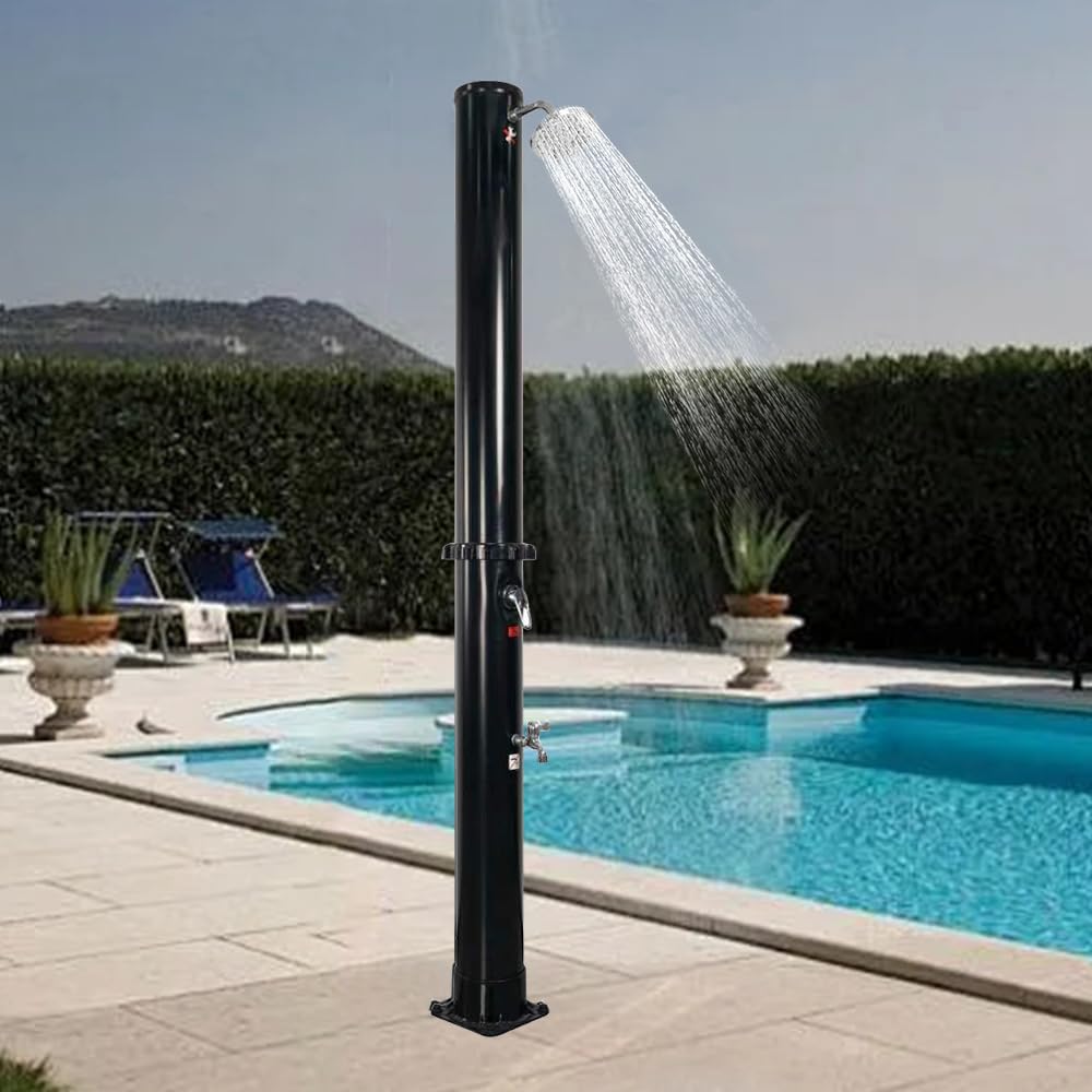 9.3 Gallon Solar Heated Outdoor Shower with Adjustable Shower Head & Foot Tap - Portable Camping, Beach, Garden, Backyard, RV & Poolside Use - Black