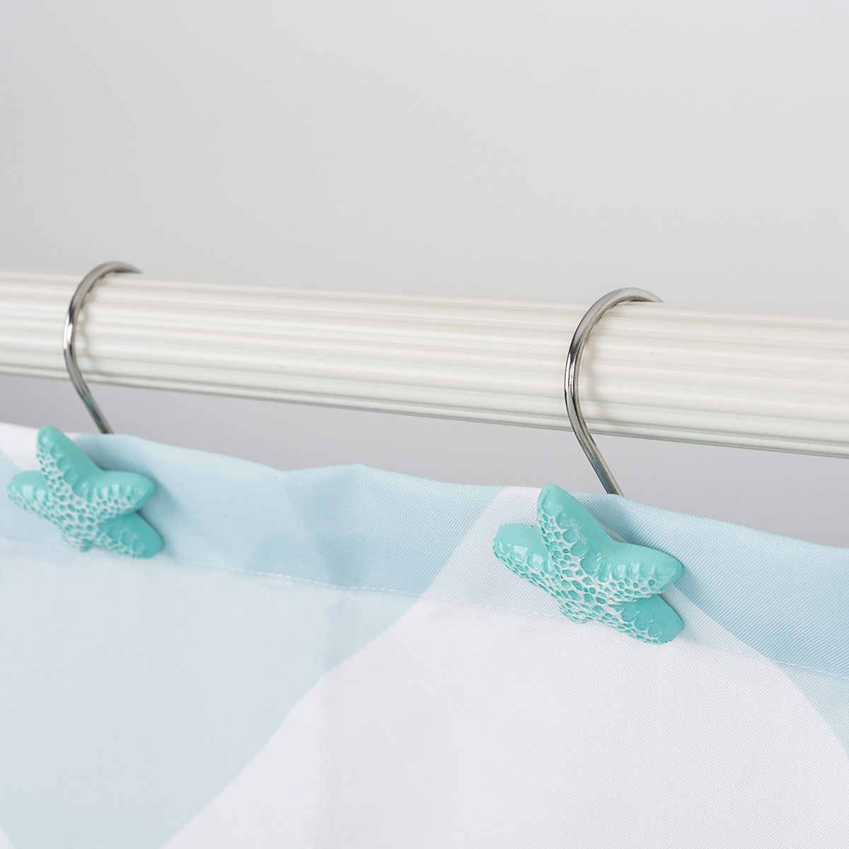 12-Pack Rust-Resistant Chrome Plated Iron Shower Curtain Hooks with Blue Starfish Resin Design - Bathroom Decor for Coastal, Nautical & Beach Theme Showers