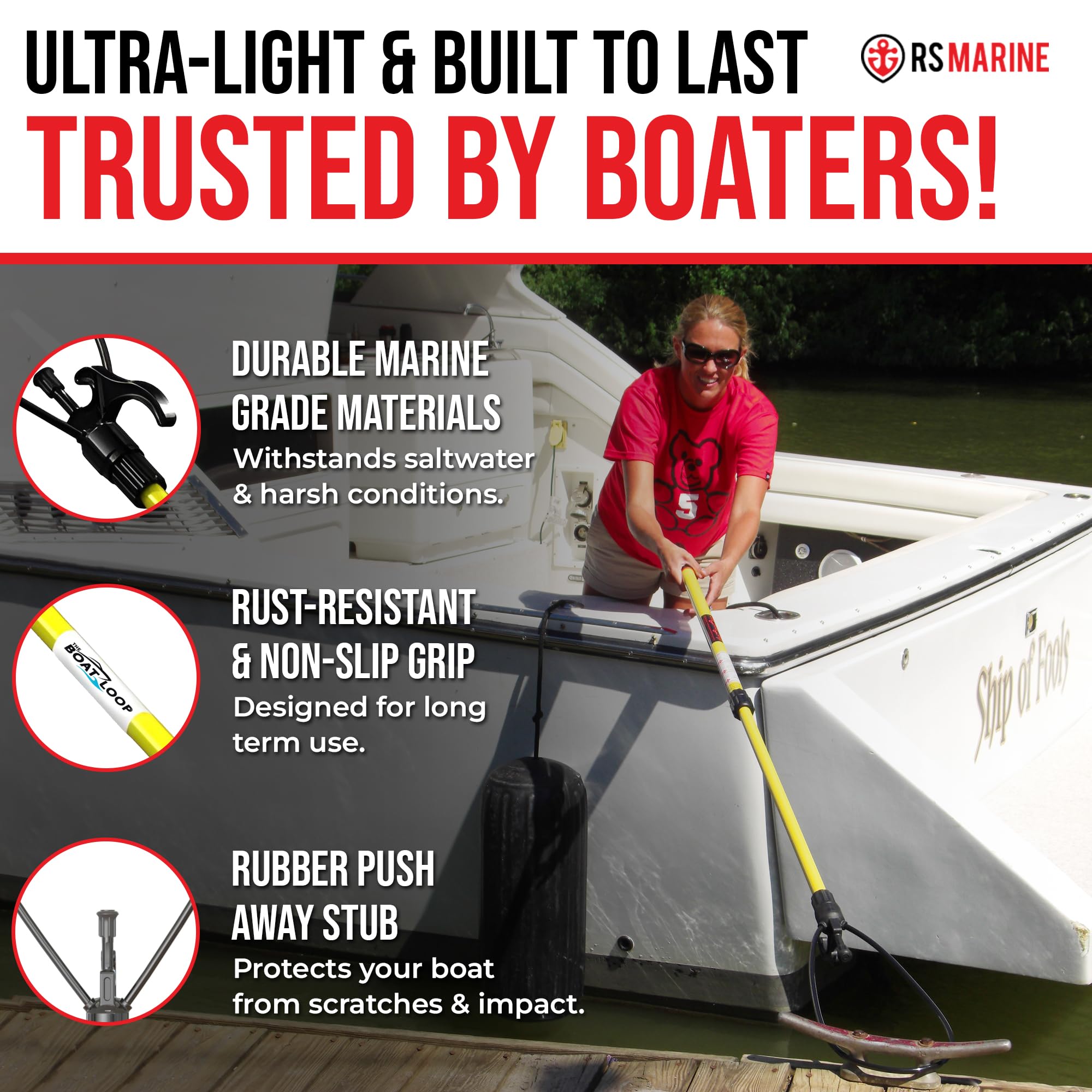Extendable Fiberglass Boat Hook with Flexible Loop & Quick-Lock System - Adjustable 2-8ft Marine Pole with Rubber Guard - Docking, Mooring & Line Handling Tool for Boats, Kayaks & Watercraft