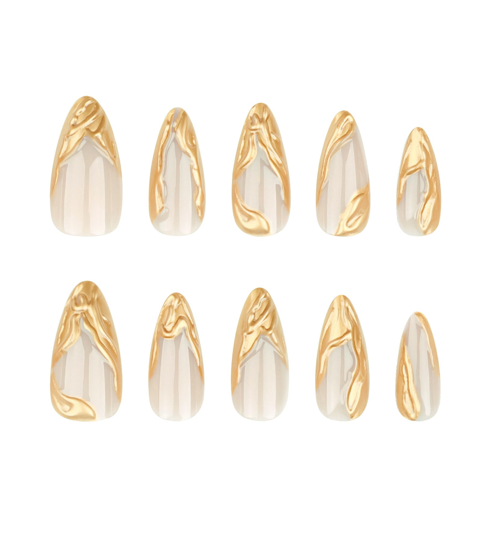 Kikmoya Press on Nails Almond Medium - 3D Gold French Tip False Nails with Charm Designs, Reusable Acrylic Fake Nails, Full Cover Glossy Stick on Nails for Women (24 Pcs in 12 Sizes) - Perfect for Parties, Weddings, Date Nights & Everyday Glam