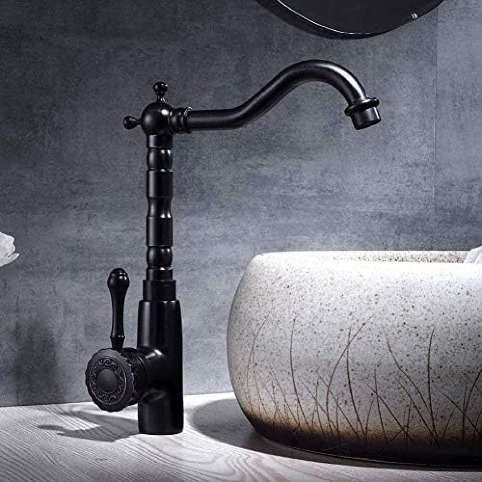 Vintage Black Brass Kitchen Faucet - High Arch Swivel Spout for Sink & Bathroom