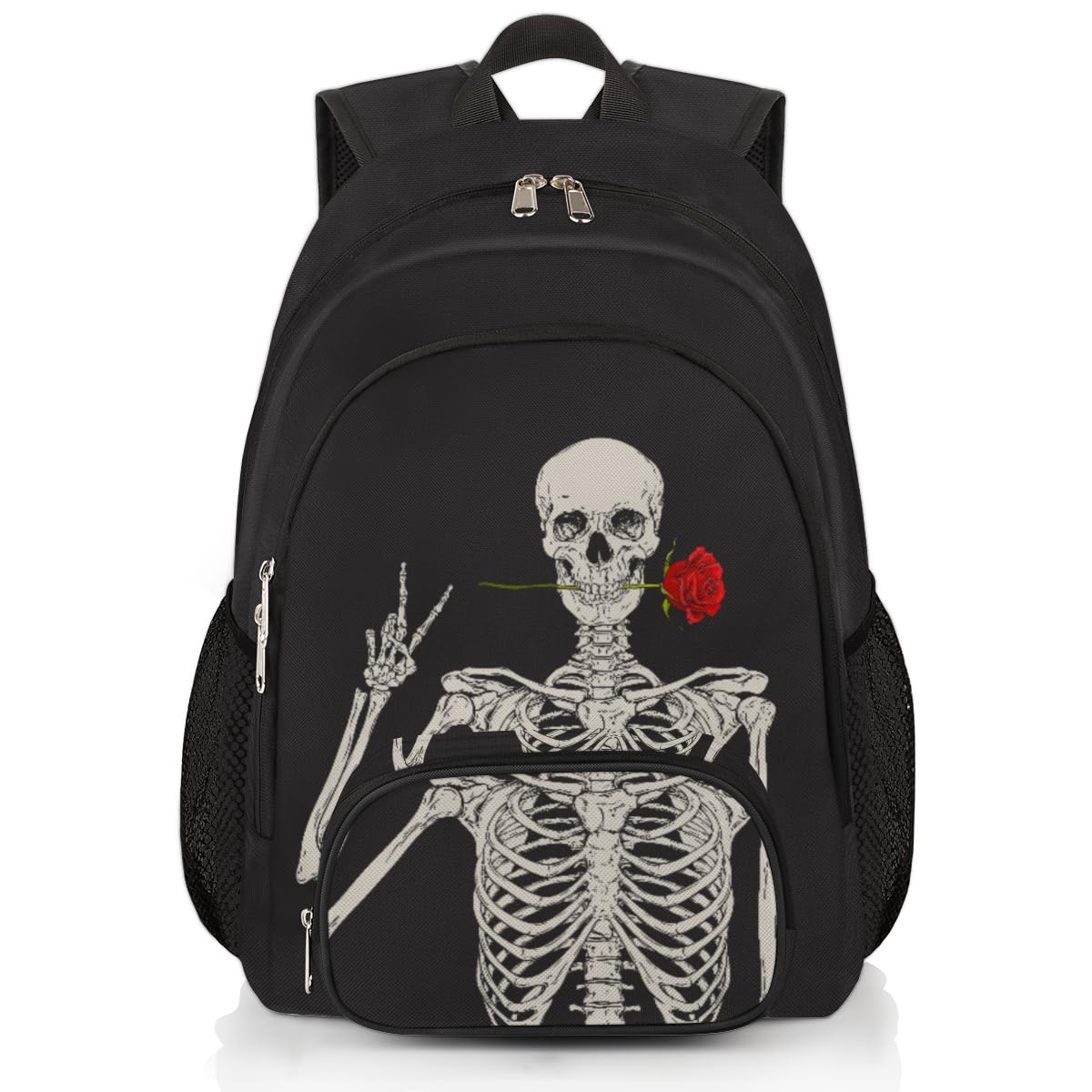 Human Skeleton Skull Backpack for Kids, Teens & Adults - Gothic Rose Print School Bookbag for College, Gym, Travel & Work - Durable Laptop Backpack for Students & Professionals (Perfect for Halloween, Cosplay & Dark Aesthetic Fashion)