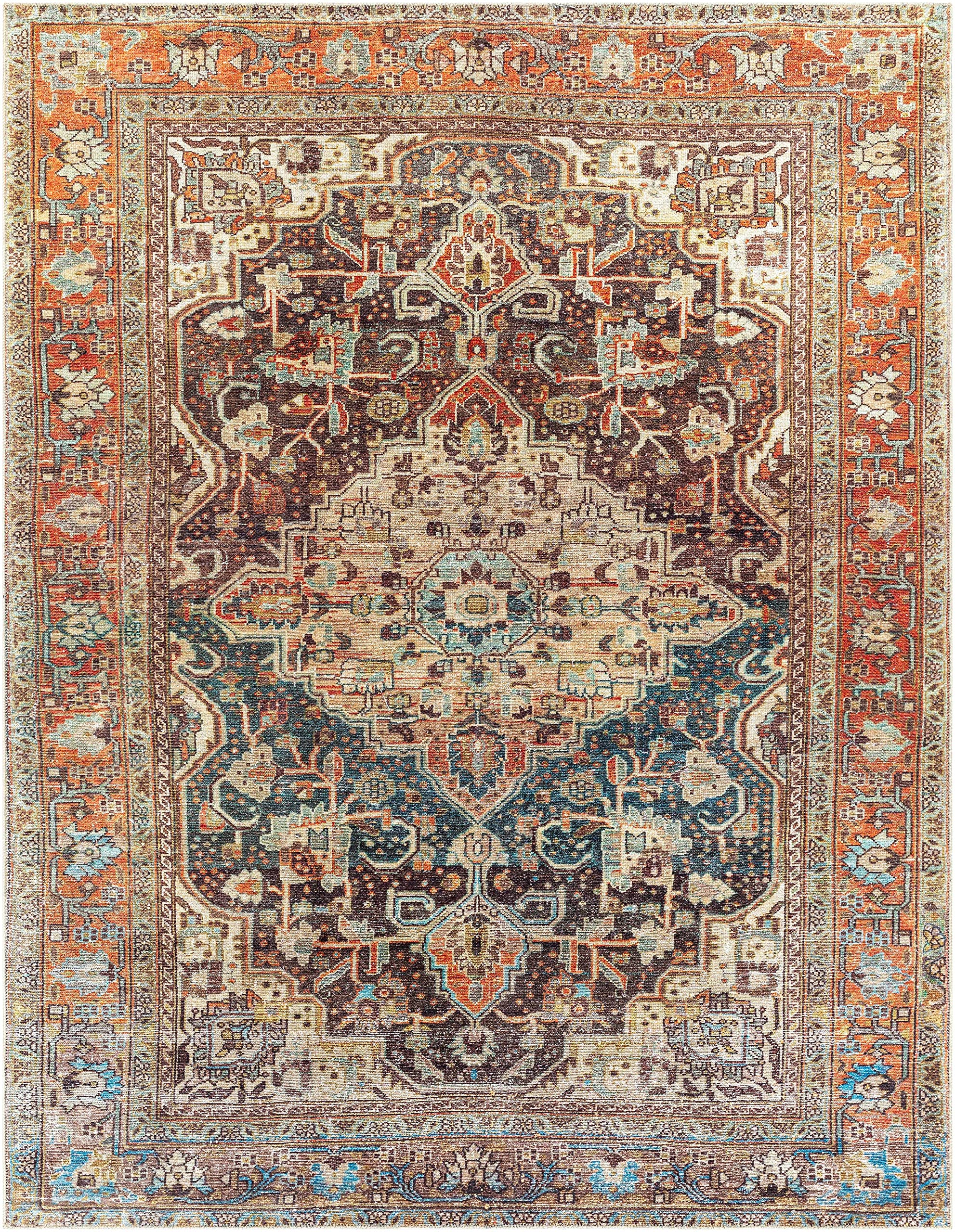 Hauteloom Portlaw Machine Washable Area Rug - Traditional Design in Gray, Blue, Red - 6'7