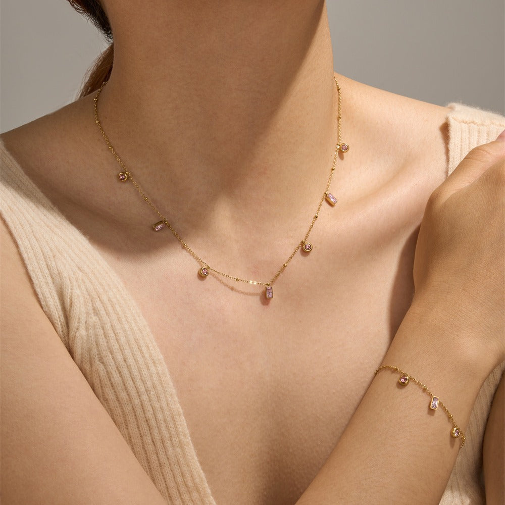 18K Gold Plated Baguette Charm Necklace & Pink Bracelet Set - Elegant Jewelry Gift for Women | Perfect for Valentine's Day, Anniversary & Special Occasions | JDN434