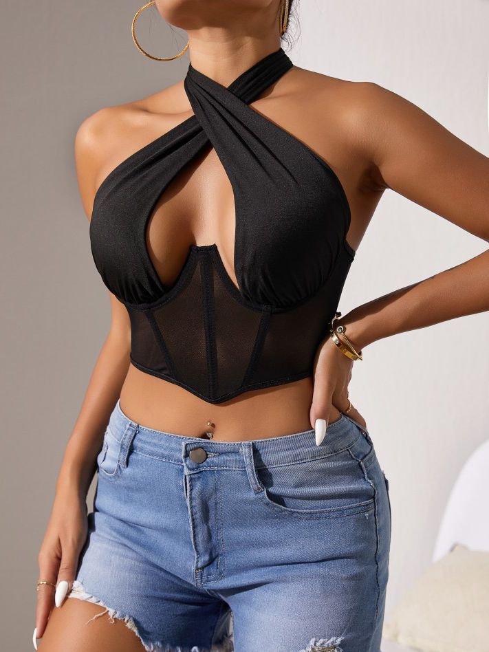 ZASUWA Women's Sexy Mesh Hollow Out Halter Lace Up Tank Top - Perfect for Summer Beach, Party & Date Night Outfits