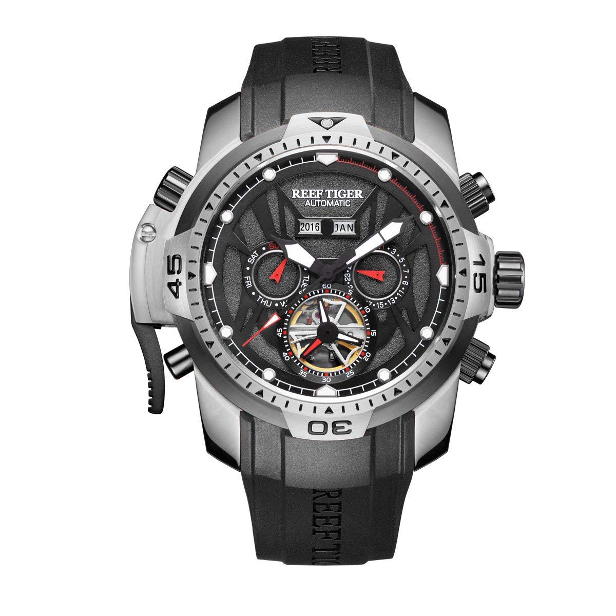REEF TIGER Men's Military Sport Watch - Stainless Steel Case with Durable Rubber Strap, Waterproof Analog Quartz Watch RGA3532 - Perfect for Outdoor Adventures, Hiking & Daily Wear