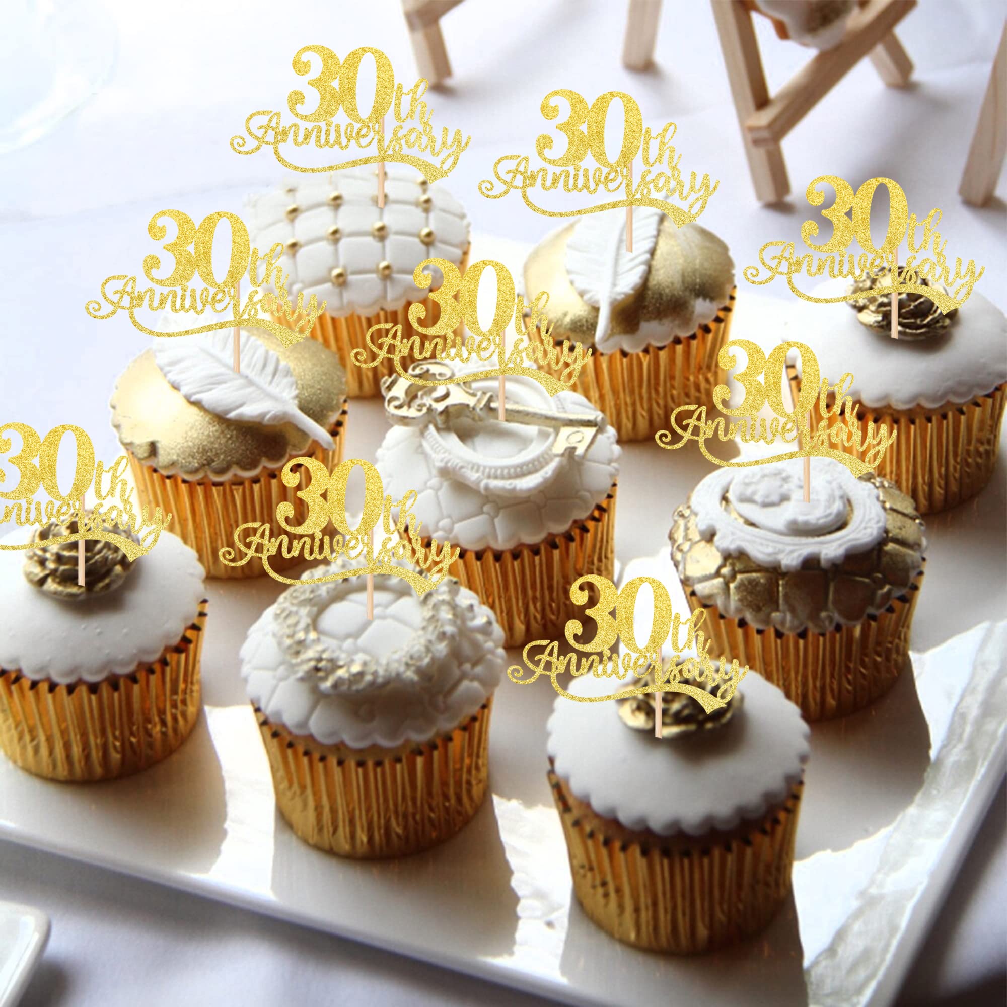 24 Pack Gold Glitter Cupcake Toppers - Cheers to 30 Years Wedding Anniversary & Birthday Party Decorations - Cake Picks for 30th Birthday, Retirement Party Supplies - Perfect for Wedding, Anniversary & Birthday Celebrations