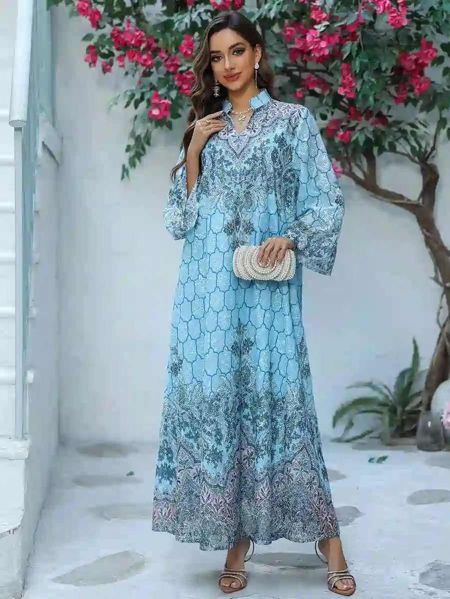 Elegant Eid Dress for Women - Embroidered Caftan Kaftan Dress with Floral Print #25436 - Perfect for Eid Celebrations, Weddings & Special Occasions
