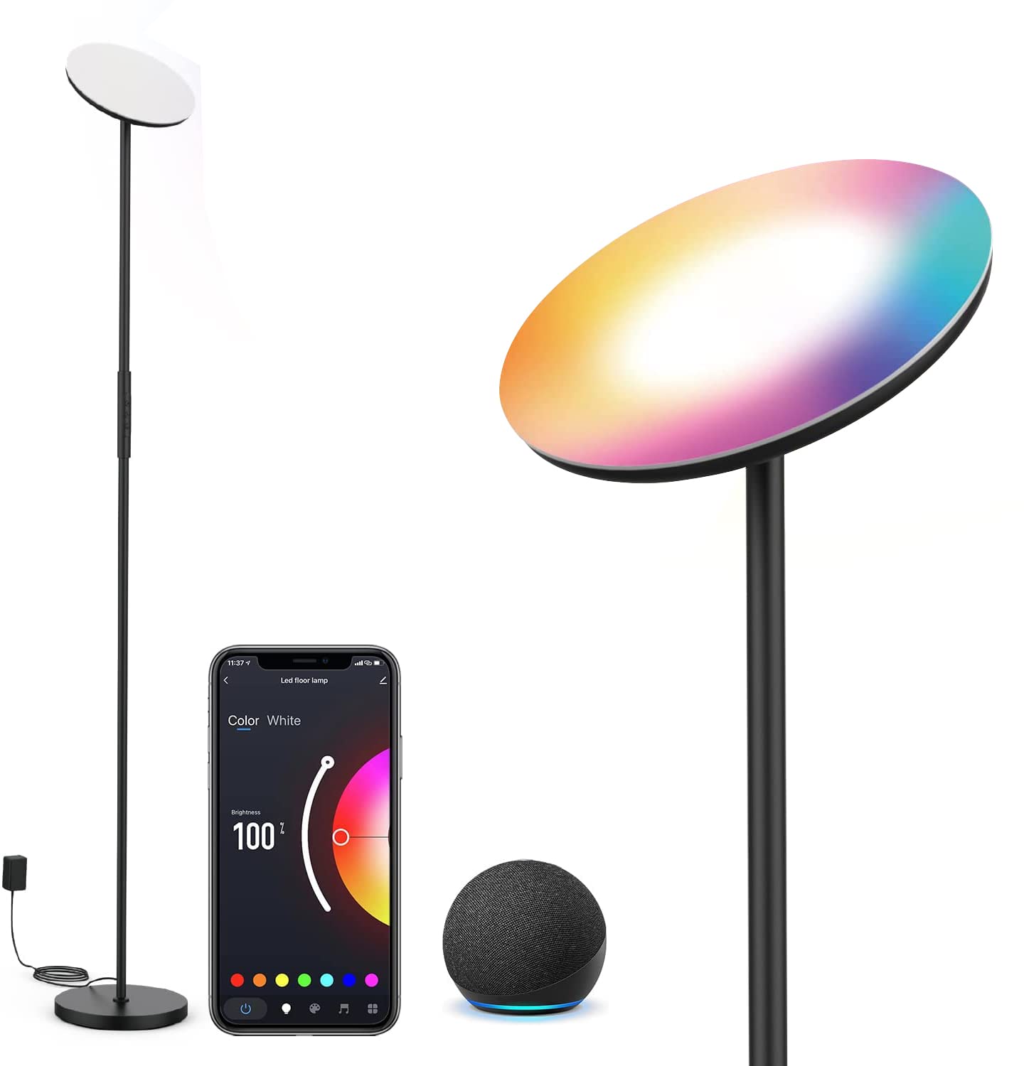 SUNTHIN Smart Floor Lamp with RGBW Dimmable LED - Tuya & Alexa/Google Home Compatible - 24W Torchiere Light for Bedroom, Living Room, Home Office - Black (Perfect for Mood Lighting & Modern Home Decor)