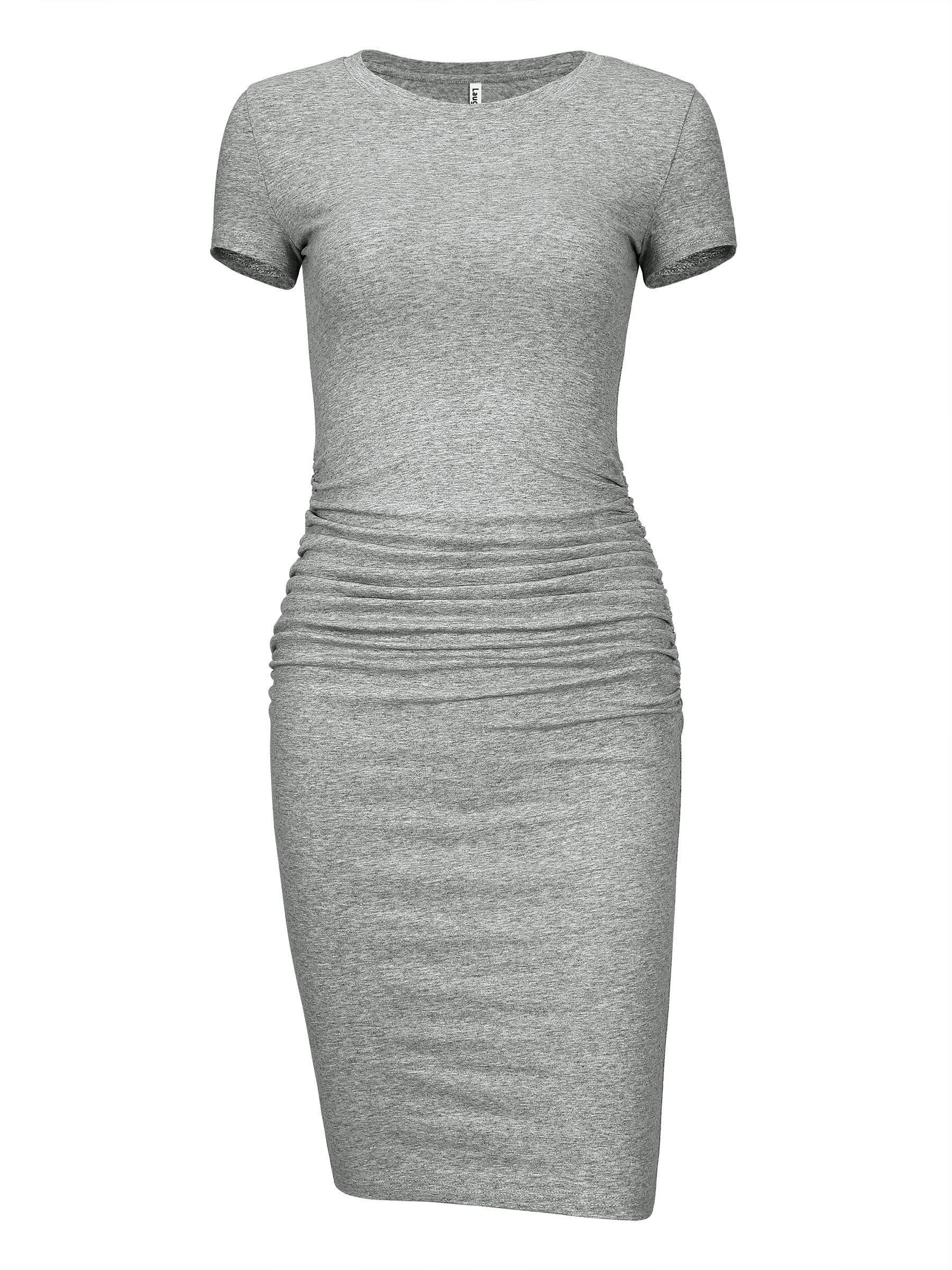 Laughido Women's Short Sleeve Ruched Bodycon Sundress - Knee Length T-Shirt Dress for Summer 2025 | Trendy Casual Outfit for Beach, Party & Daily Wear