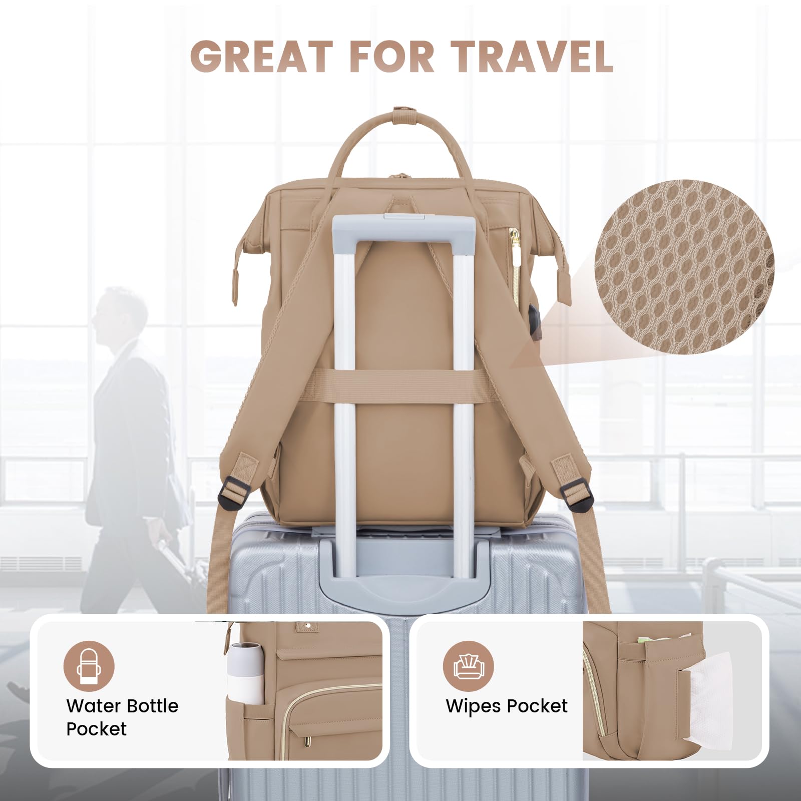 LOVEVOOK Leather Laptop Backpack for Women 15.6 Inch, Stylish Travel Backpack Purse for Nurse Teacher & Professionals, Durable College Business Work Bag with USB Port, Sandy - Perfect for Commuting, Campus, and Office Use