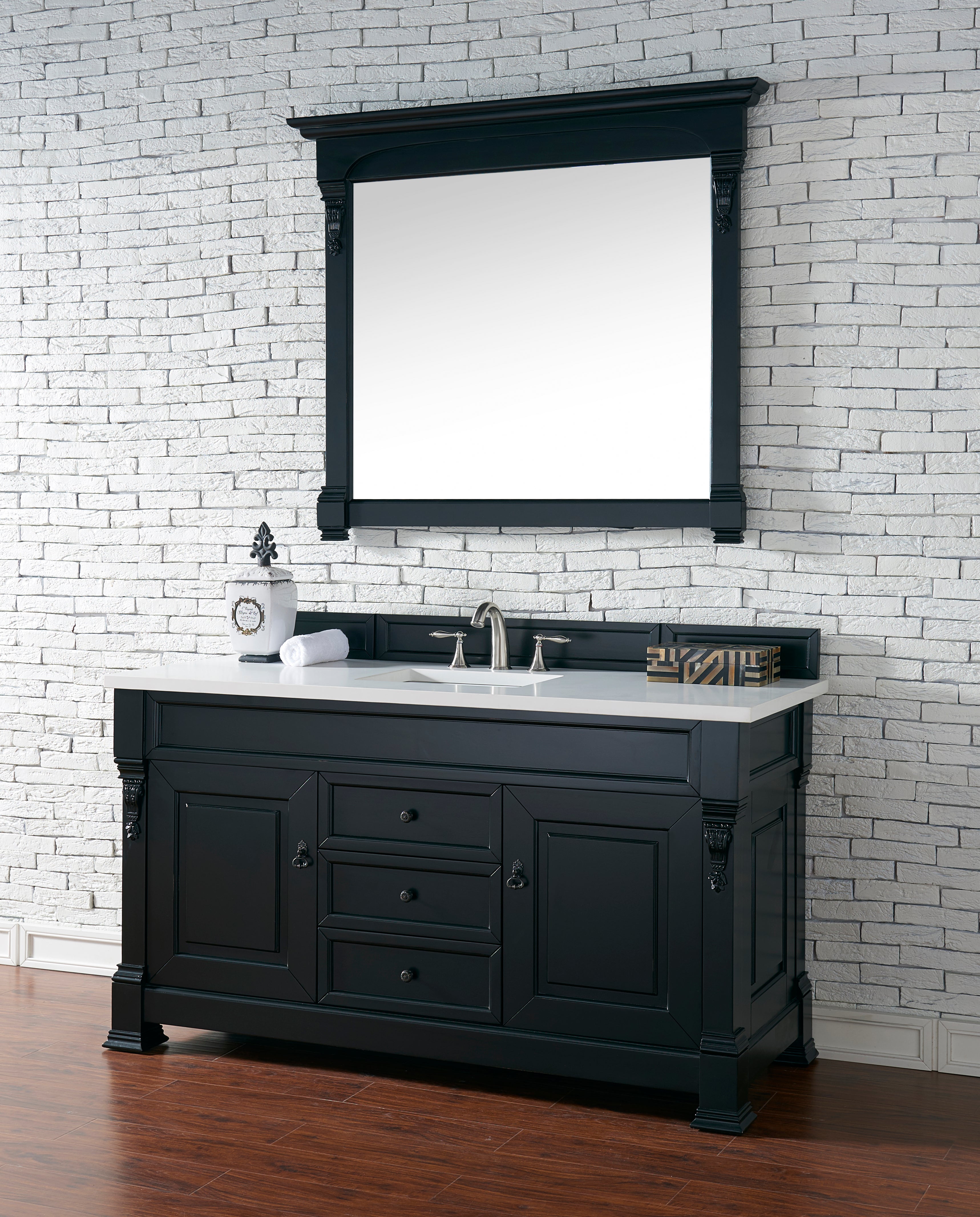 Brookfield 60 Inch Single Bathroom Vanity Set - Antique Black Finish with 3CM White Zeus Quartz Countertop | Perfect for Modern & Traditional Bathrooms