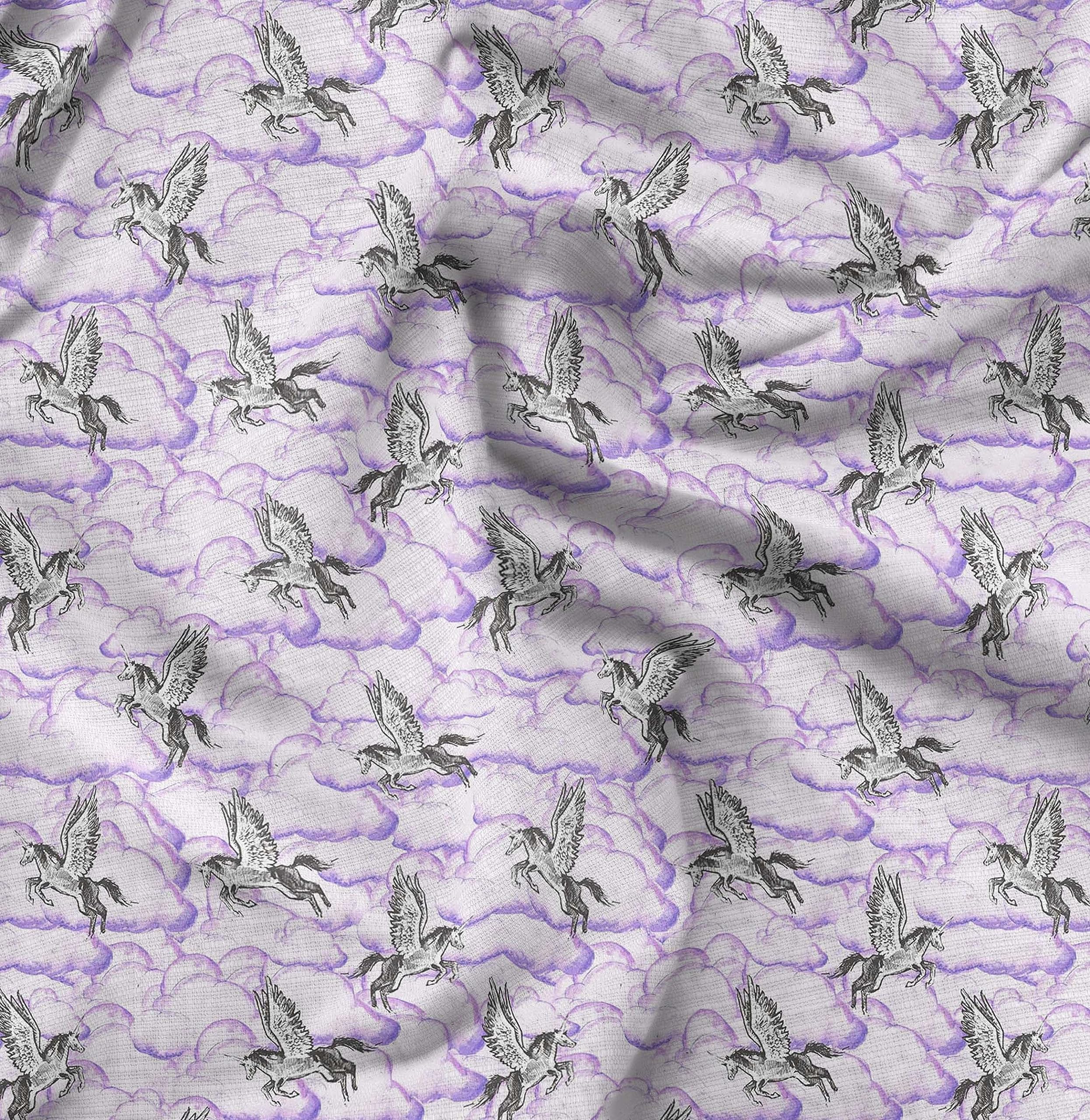 Soimoi Moss Georgette Brown Fabric by The Yard - 42 Inch Wide Printed Fabric with Cloud & Unicorn Animal Design for DIY Apparel, Home Decor, Dresses, Curtains and Craft Projects - Dreamy & Playful Fabric for Sewing Enthusiasts