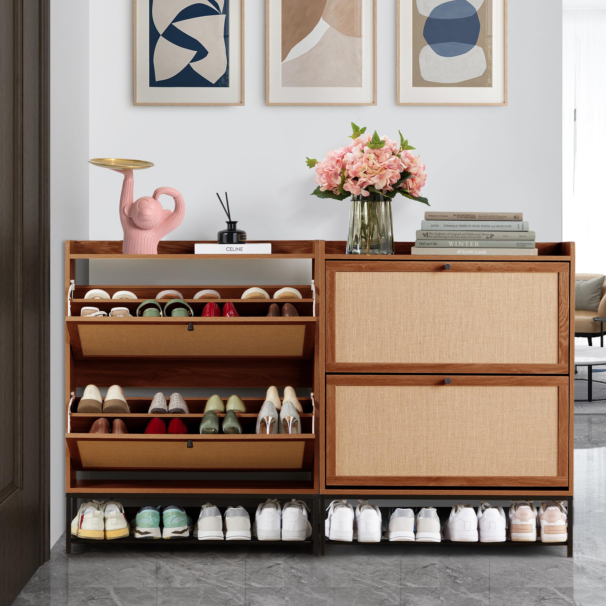 LEVNARY Wooden Shoe Storage Cabinet with 2 Flip Drawers - Narrow Entryway Shoe Organizer with Metal Legs, Freestanding Shoe Rack for Hallway (Walnut) | Perfect for Small Spaces, Apartment Entryways & Closet Organization