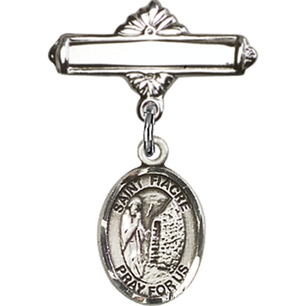 St. Fiacre Sterling Silver Baby Badge Charm - 1 X 5/8 Inch Polished Pin for Christening, Baptism & First Communion Gifts - Religious Jewelry for Infants & Toddlers