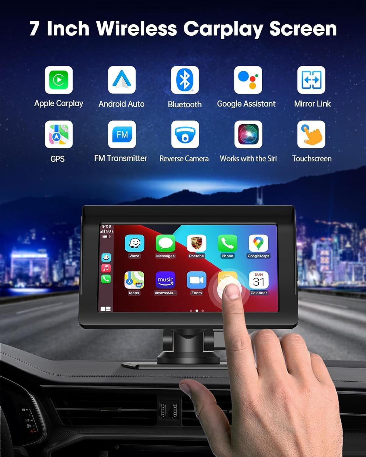 LAMTTO 7 Inch HD Touch Screen Portable CarPlay & Android Auto Car Stereo with Bluetooth 5.0, AirPlay & GPS Navigation - Perfect for Hands-Free Calling, Music Streaming & Safe Driving