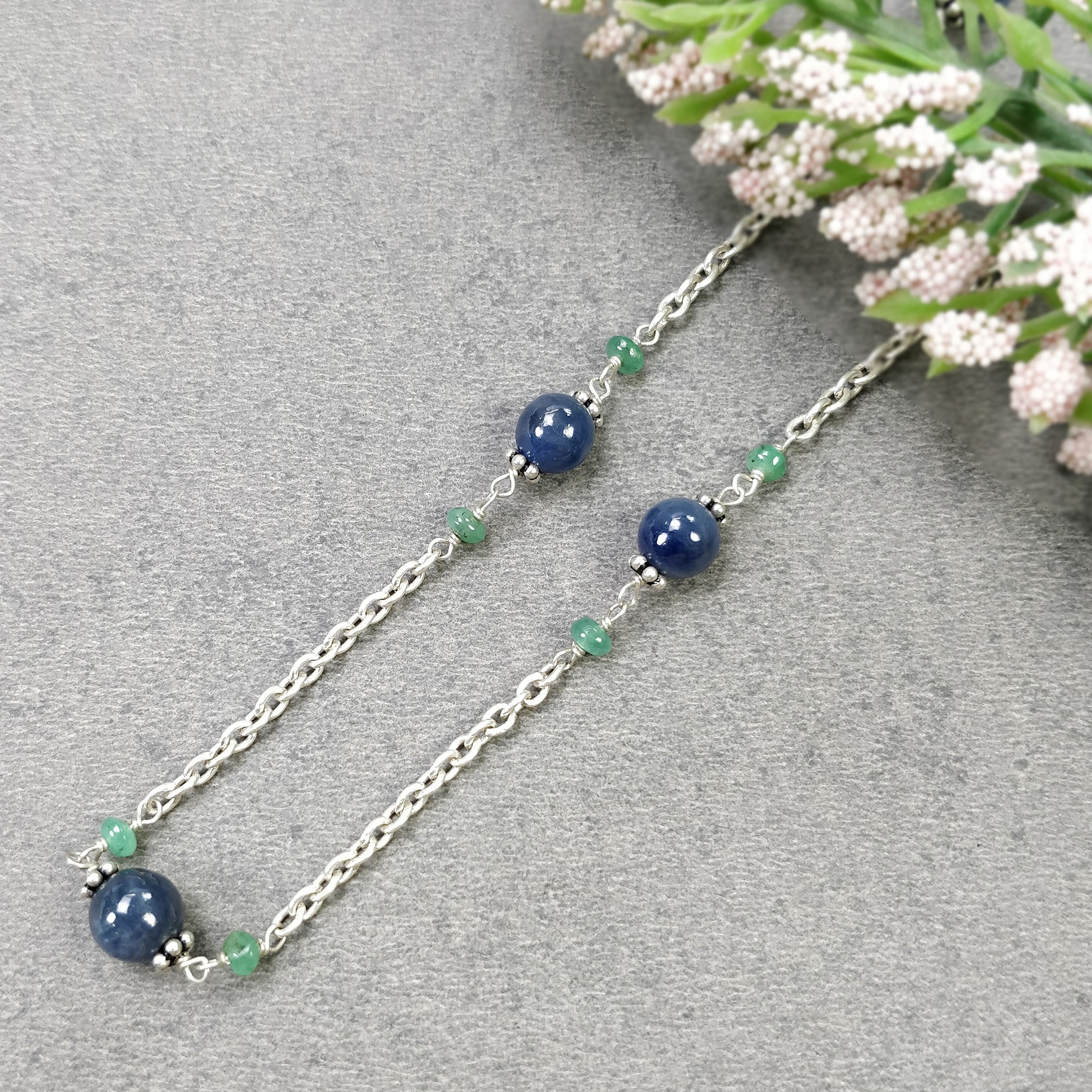 Natural Blue Sapphire & Emerald Beads Necklace - 925 Sterling Silver Chain Jewelry for Women | Elegant Gift for Her, Birthday, Anniversary & Special Occasions | Perfect for Weddings, Parties & Everyday Wear
